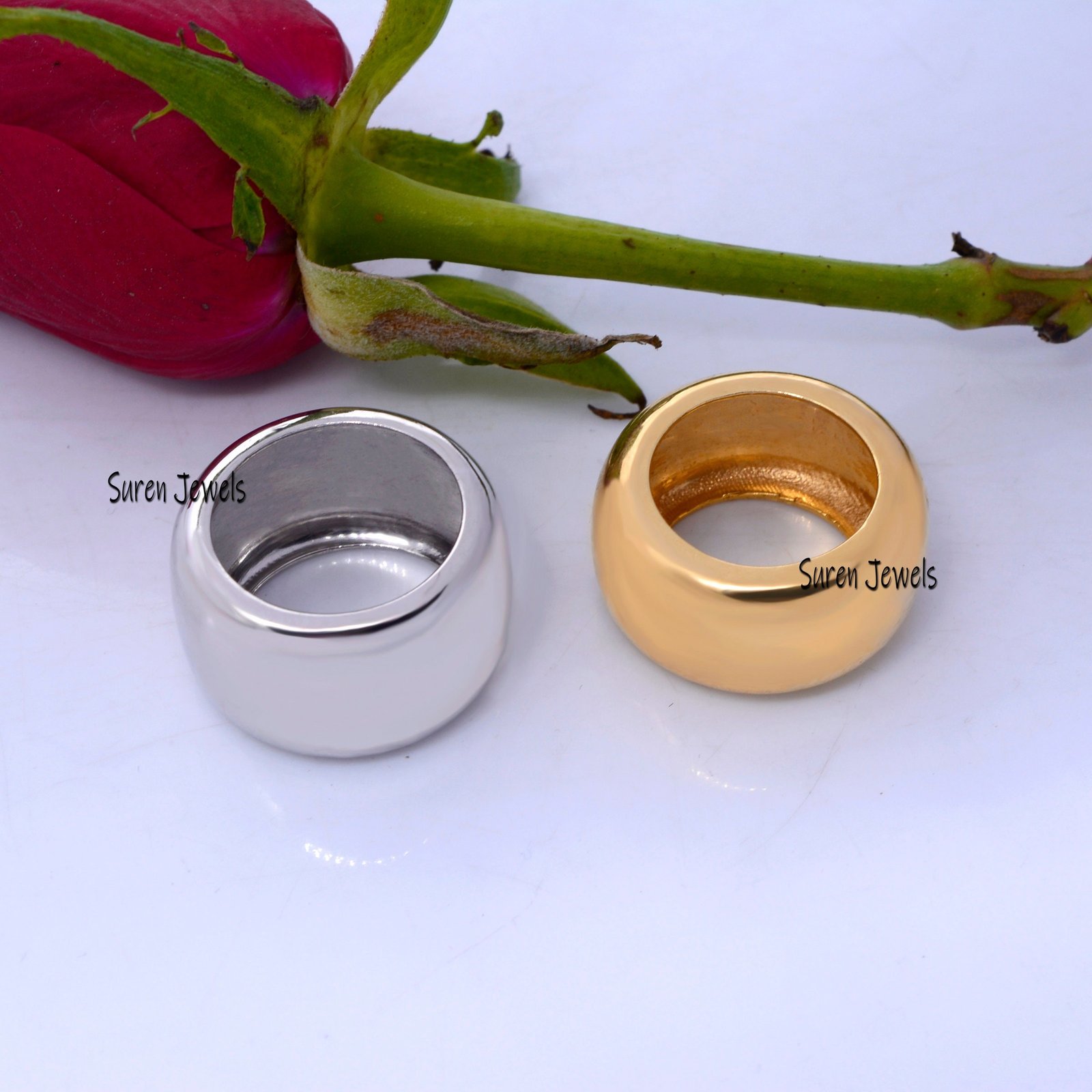 14K Gold Plated Cigar Band Ring, 925 Sterling Silver Wedding Ring - View 6 - Suren Jewels | SKU: SJR06-SLYG 14K Gold Plated Cigar Band Ring, 925 Sterling Silver Wedding Ring - View 6 - Suren Jewels | SKU: SJR06-SLYG