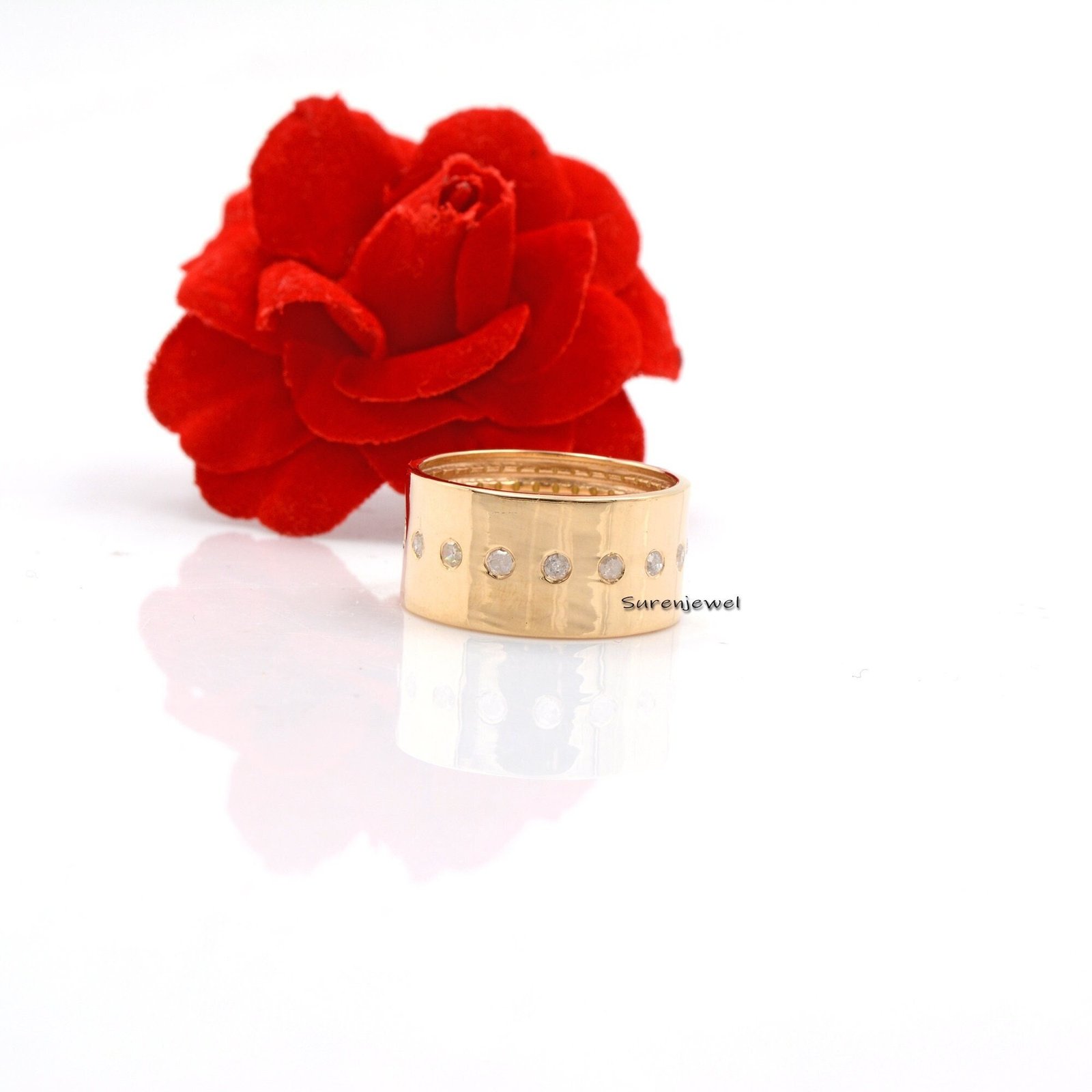14k Gold Plated Diamond Cigar Ring, Wide 925 Silver Band - Suren Jewels | SKU: SJR41-SLYGDI 14k Gold Plated Diamond Cigar Ring, Wide 925 Silver Band - Suren Jewels | SKU: SJR41-SLYGDI