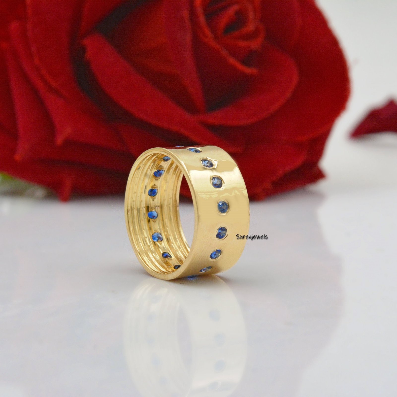 14k Gold Plated Diamond Cigar Ring, Wide 925 Silver Band - View 2 - Suren Jewels | SKU: SJR41-SLYGDI 14k Gold Plated Diamond Cigar Ring, Wide 925 Silver Band - View 2 - Suren Jewels | SKU: SJR41-SLYGDI