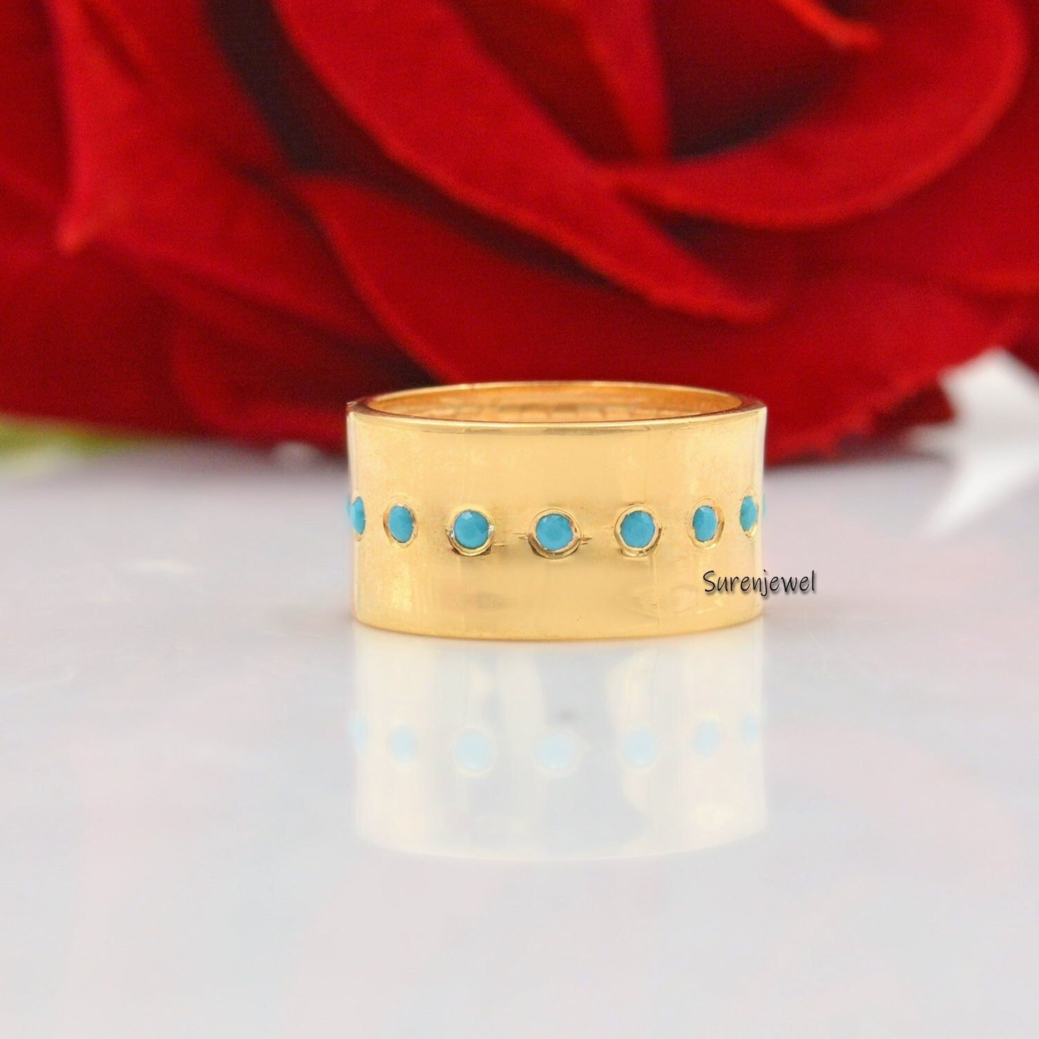 14k Gold Plated Diamond Cigar Ring, Wide 925 Silver Band - View 3 - Suren Jewels | SKU: SJR41-SLYGDI 14k Gold Plated Diamond Cigar Ring, Wide 925 Silver Band - View 3 - Suren Jewels | SKU: SJR41-SLYGDI