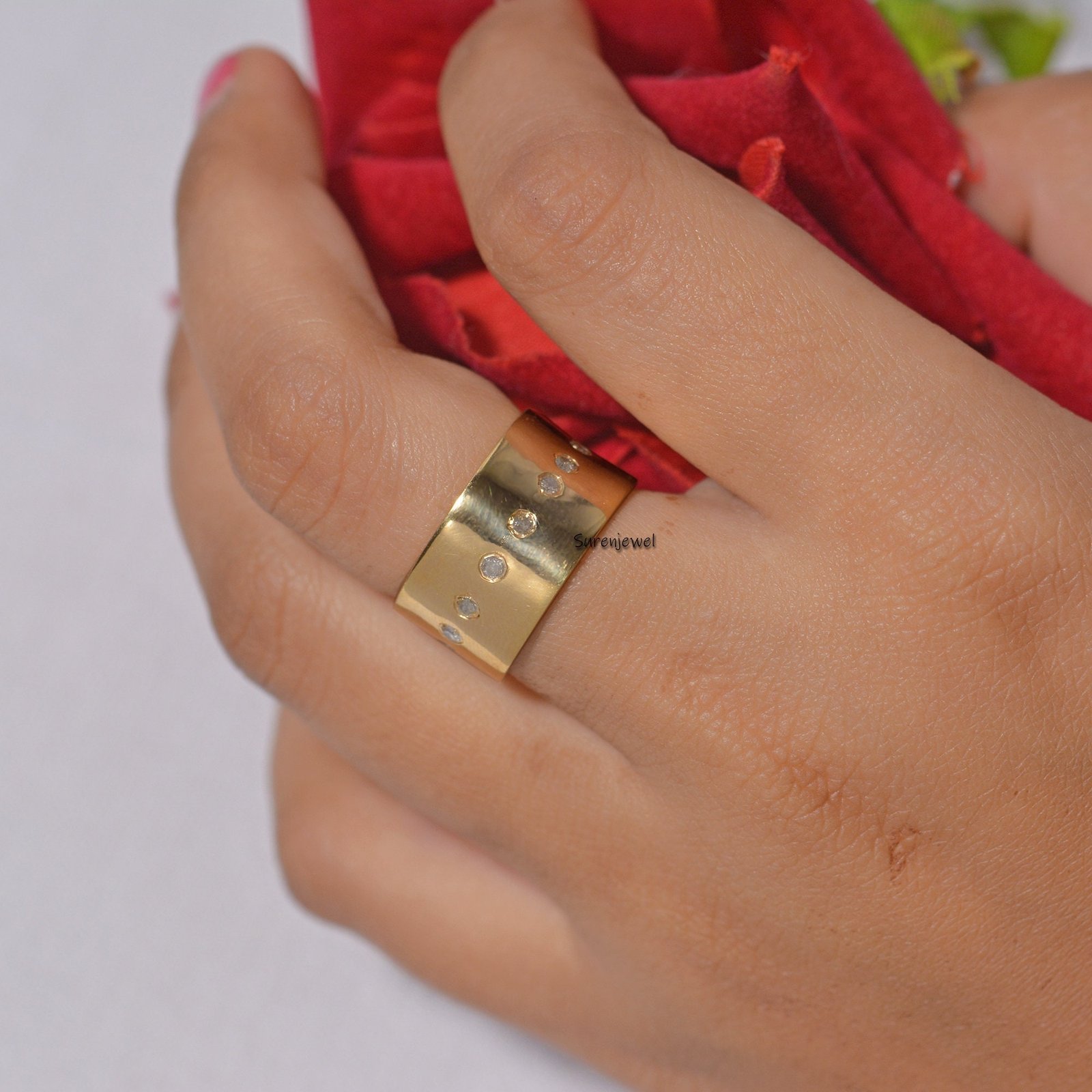 14k Gold Plated Diamond Cigar Ring, Wide 925 Silver Band - View 4 - Suren Jewels | SKU: SJR41-SLYGDI 14k Gold Plated Diamond Cigar Ring, Wide 925 Silver Band - View 4 - Suren Jewels | SKU: SJR41-SLYGDI