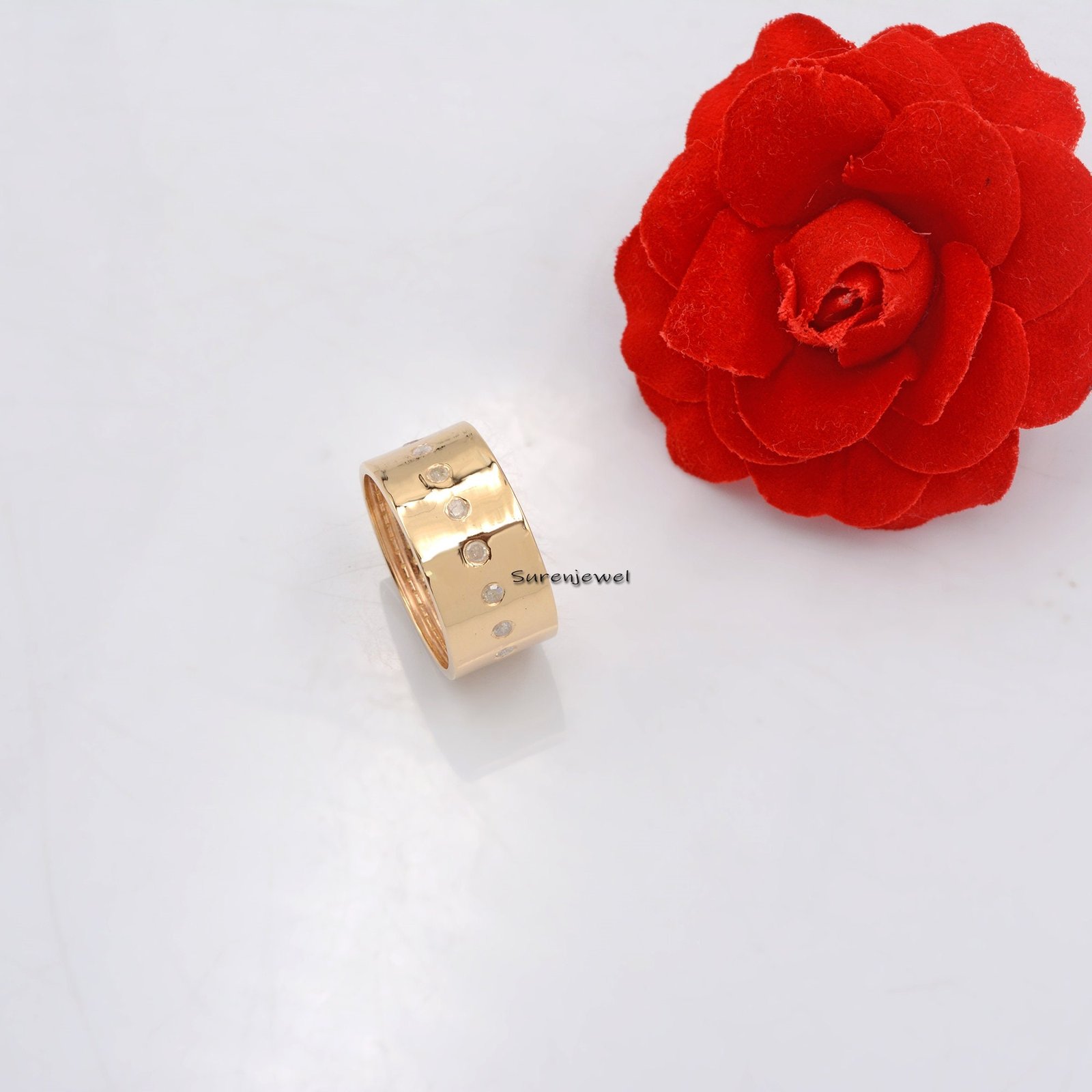 14k Gold Plated Diamond Cigar Ring, Wide 925 Silver Band - View 5 - Suren Jewels | SKU: SJR41-SLYGDI 14k Gold Plated Diamond Cigar Ring, Wide 925 Silver Band - View 5 - Suren Jewels | SKU: SJR41-SLYGDI
