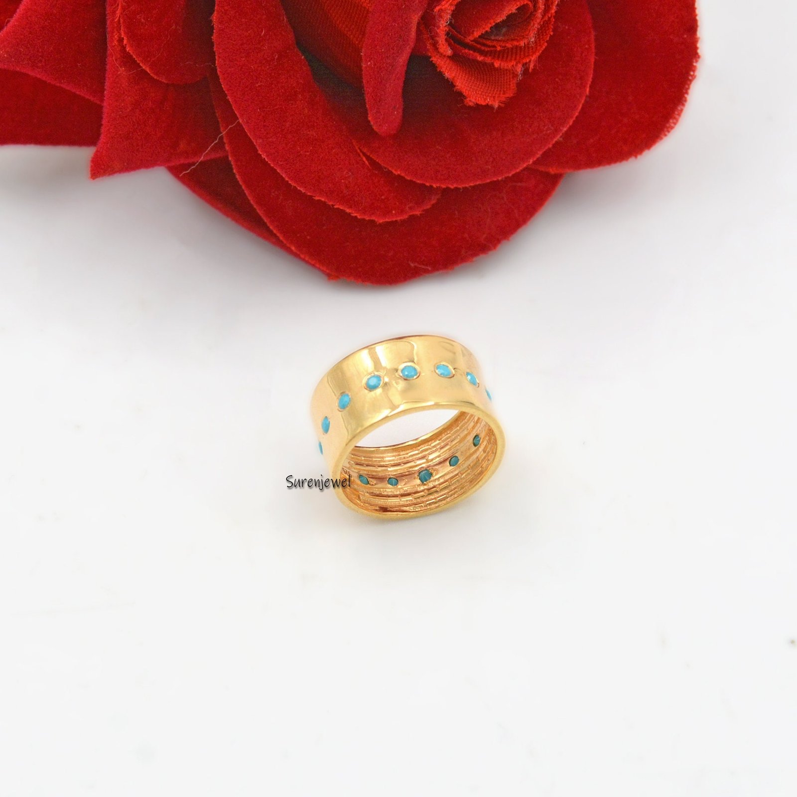 14k Gold Plated Diamond Cigar Ring, Wide 925 Silver Band - View 7 - Suren Jewels | SKU: SJR41-SLYGDI 14k Gold Plated Diamond Cigar Ring, Wide 925 Silver Band - View 7 - Suren Jewels | SKU: SJR41-SLYGDI