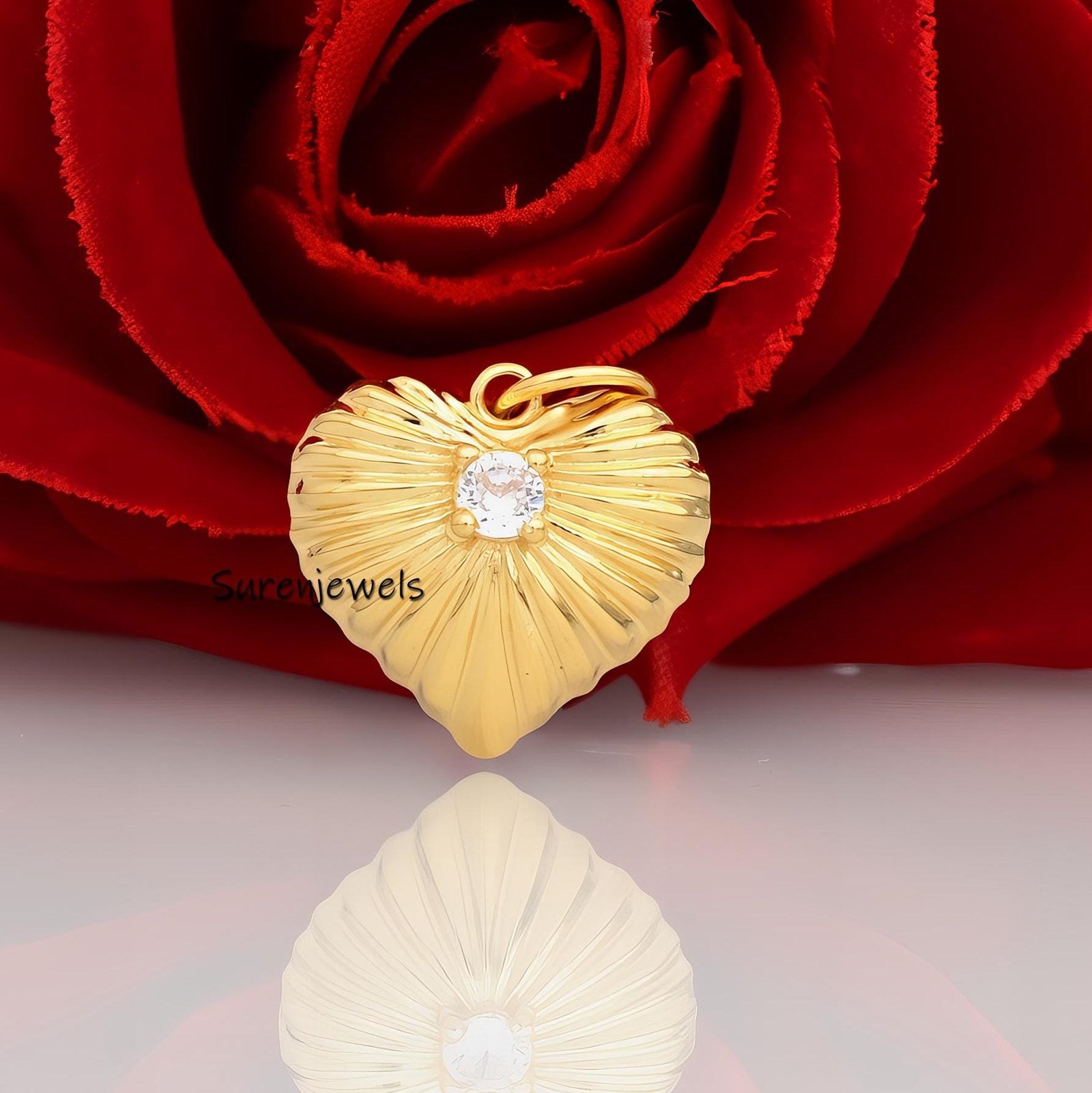 14K Gold Plated Fluted Heart Pendant with CZ Stone - Suren Jewels | SKU: SJP2508 14K Gold Plated Fluted Heart Pendant with CZ Stone - Suren Jewels | SKU: SJP2508