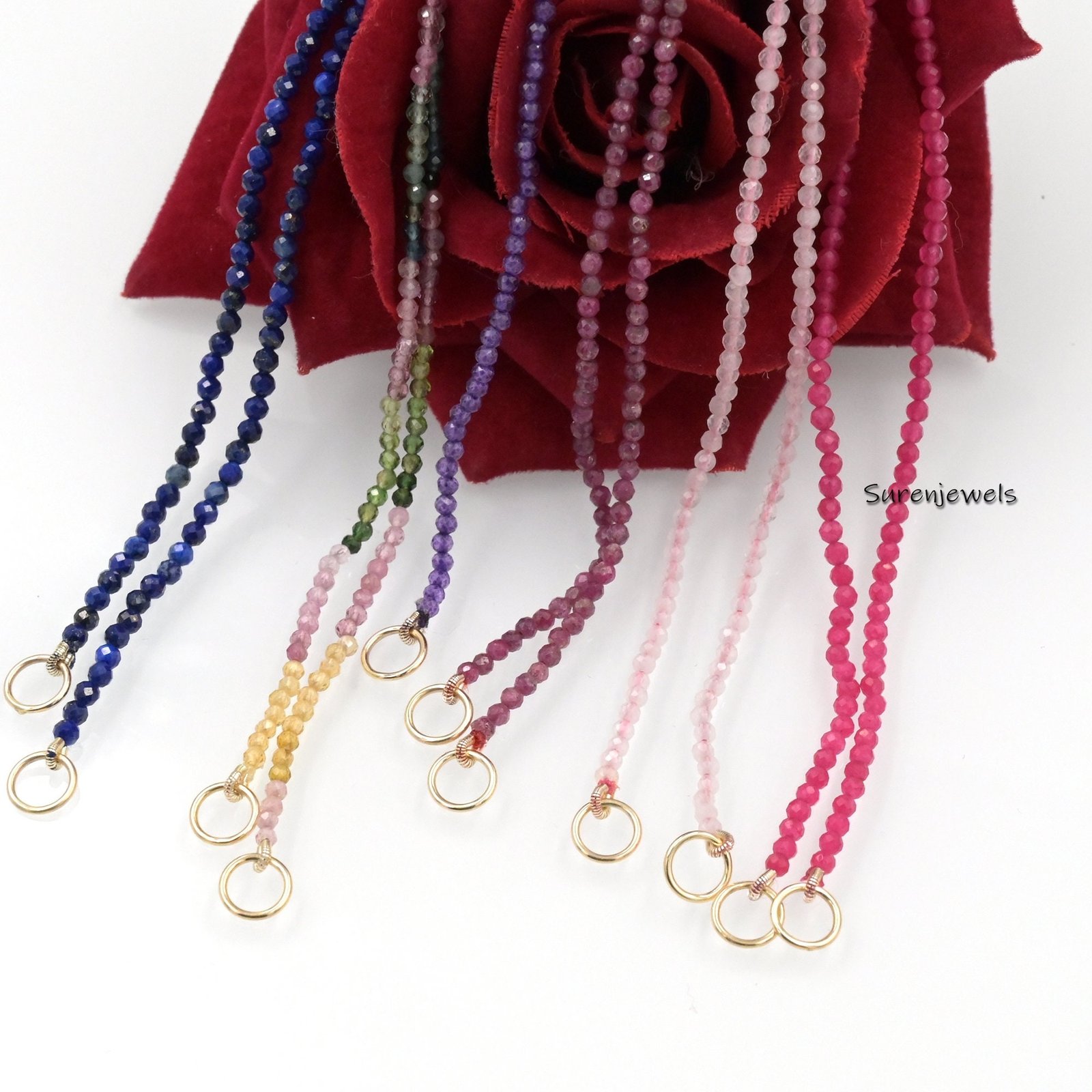 14k Gold Plated Gemstone Bead Necklace with Carabiner Clasp - Suren Jewels | SKU: SJN219- 14k Gold Plated Gemstone Bead Necklace with Carabiner Clasp - Suren Jewels | SKU: SJN219-