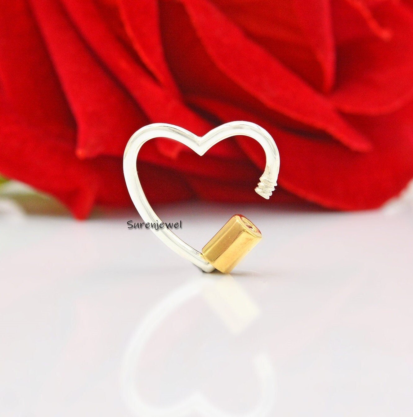 14K Gold Plated Heart Carabiner Lock: Silver Screw Jewelry Connector - Suren Jewels | SKU: SJC27-SLNSYG-20M-N22 14K Gold Plated Heart Carabiner Lock: Silver Screw Jewelry Connector - Suren Jewels | SKU: SJC27-SLNSYG-20M-N22