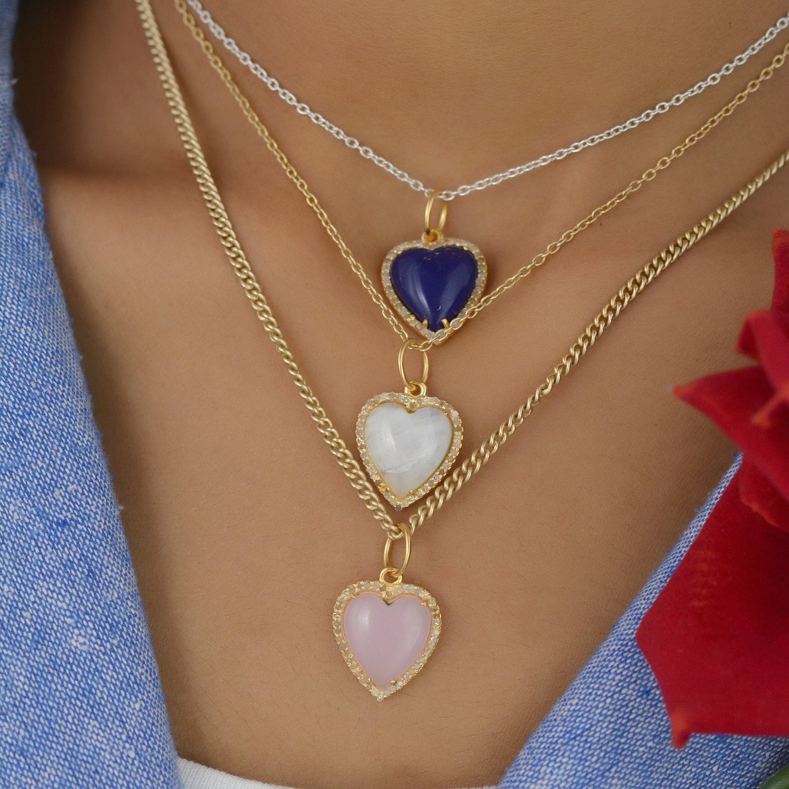 14K Gold Plated Heart Pendant: Gemstone & Moissanite Carved Heart - View 2 - Suren Jewels | SKU: SJP1052-SLYGRQDI-15M 14K Gold Plated Heart Pendant: Gemstone & Moissanite Carved Heart - View 2 - Suren Jewels | SKU: SJP1052-SLYGRQDI-15M