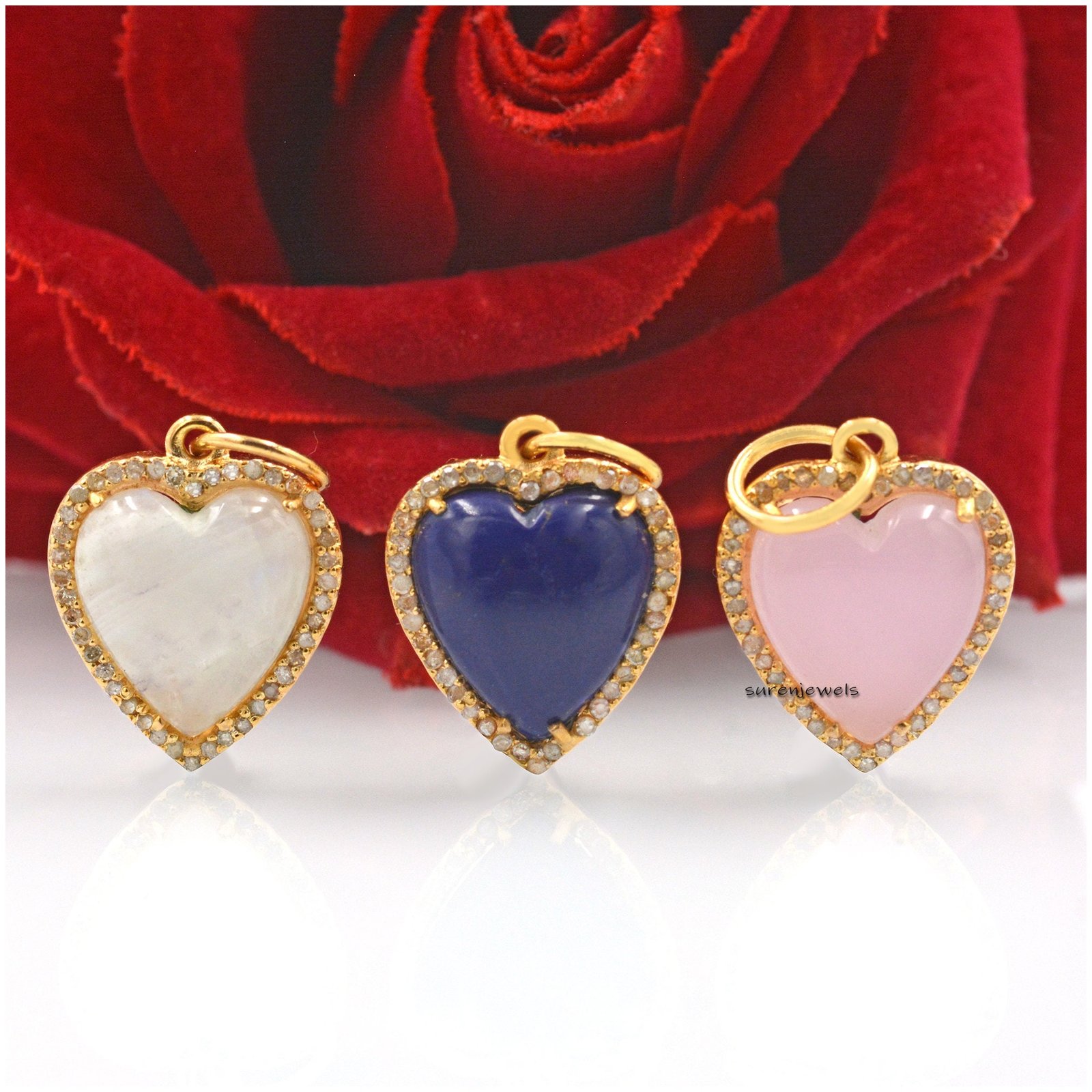 14K Gold Plated Heart Pendant: Gemstone & Moissanite Carved Heart - View 4 - Suren Jewels | SKU: SJP1052-SLYGRQDI-15M 14K Gold Plated Heart Pendant: Gemstone & Moissanite Carved Heart - View 4 - Suren Jewels | SKU: SJP1052-SLYGRQDI-15M