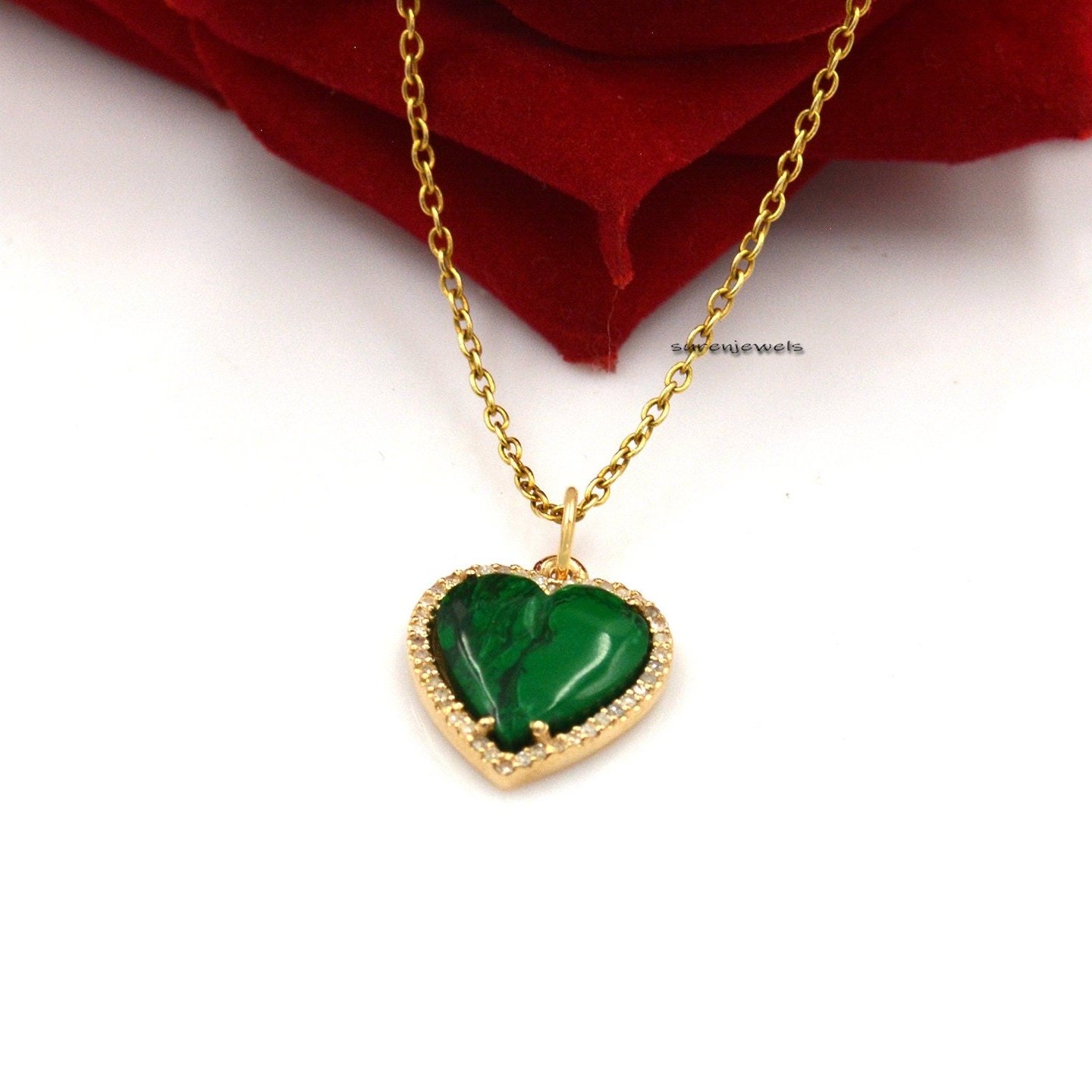 14K Gold Plated Heart Pendant: Gemstone & Moissanite Carved Heart - View 6 - Suren Jewels | SKU: SJP1052-SLYGRQDI-15M 14K Gold Plated Heart Pendant: Gemstone & Moissanite Carved Heart - View 6 - Suren Jewels | SKU: SJP1052-SLYGRQDI-15M