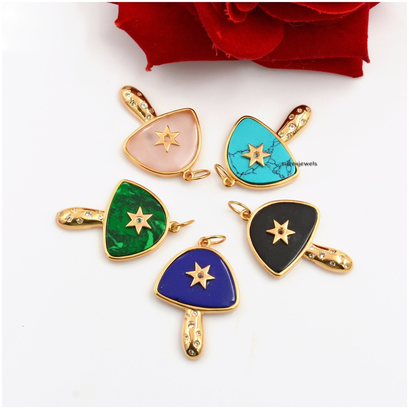 14K Gold Plated Mushroom Pendant: Multi Stone, White Topaz - Suren Jewels | SKU: SJM23-SLYGMSWT 14K Gold Plated Mushroom Pendant: Multi Stone, White Topaz - Suren Jewels | SKU: SJM23-SLYGMSWT