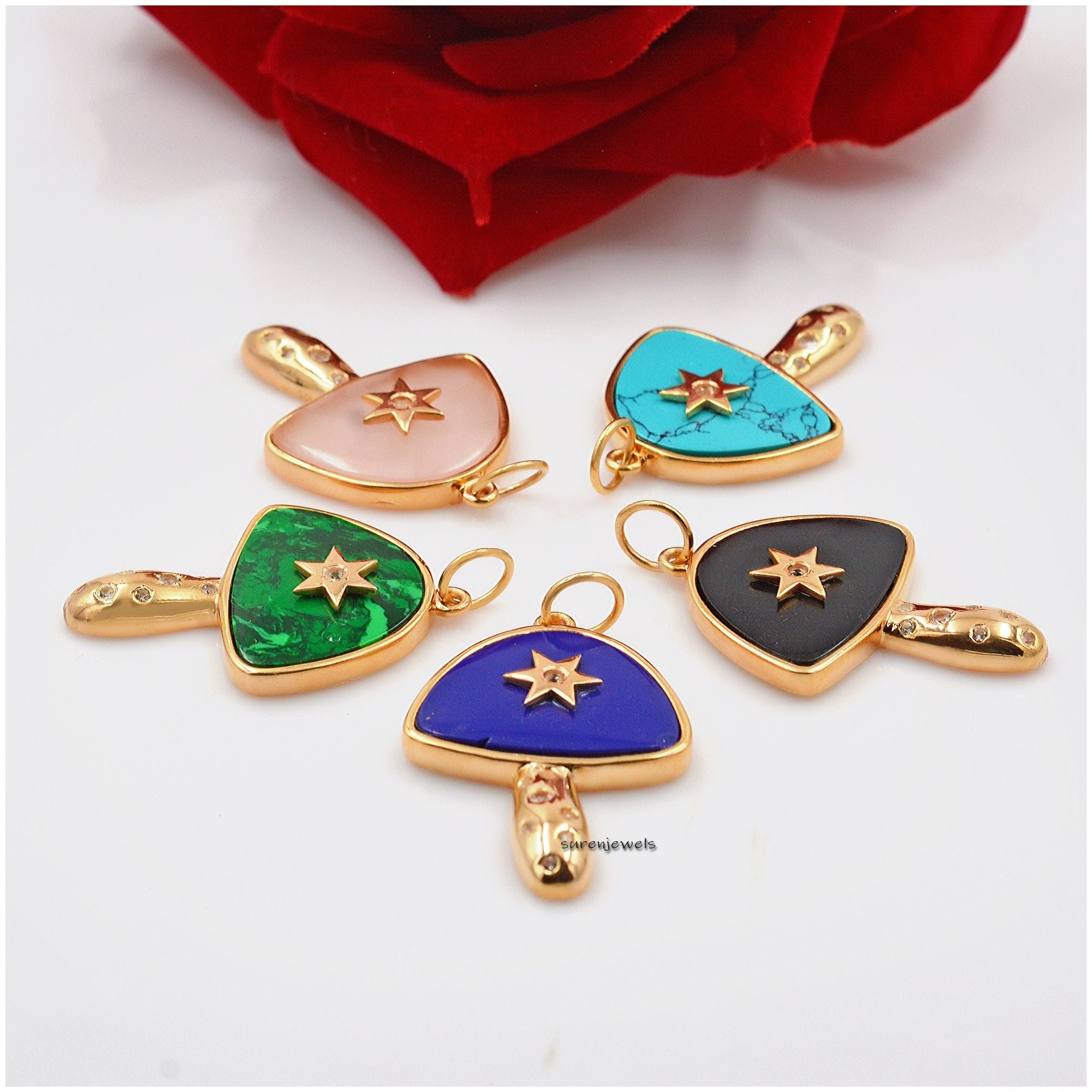 14K Gold Plated Mushroom Pendant: Multi Stone, White Topaz - View 2 - Suren Jewels | SKU: SJM23-SLYGMSWT 14K Gold Plated Mushroom Pendant: Multi Stone, White Topaz - View 2 - Suren Jewels | SKU: SJM23-SLYGMSWT