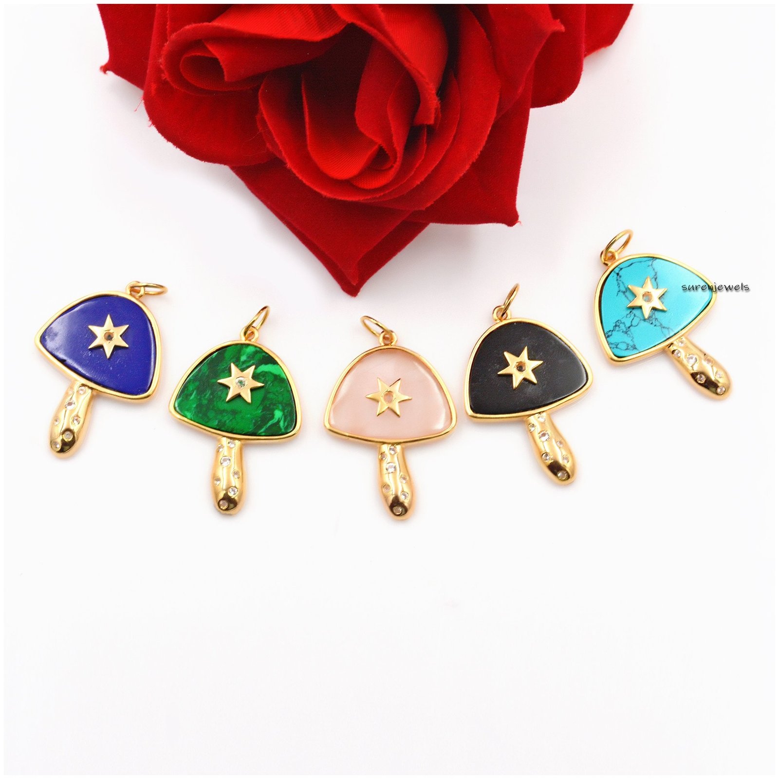 14K Gold Plated Mushroom Pendant: Multi Stone, White Topaz - View 3 - Suren Jewels | SKU: SJM23-SLYGMSWT 14K Gold Plated Mushroom Pendant: Multi Stone, White Topaz - View 3 - Suren Jewels | SKU: SJM23-SLYGMSWT
