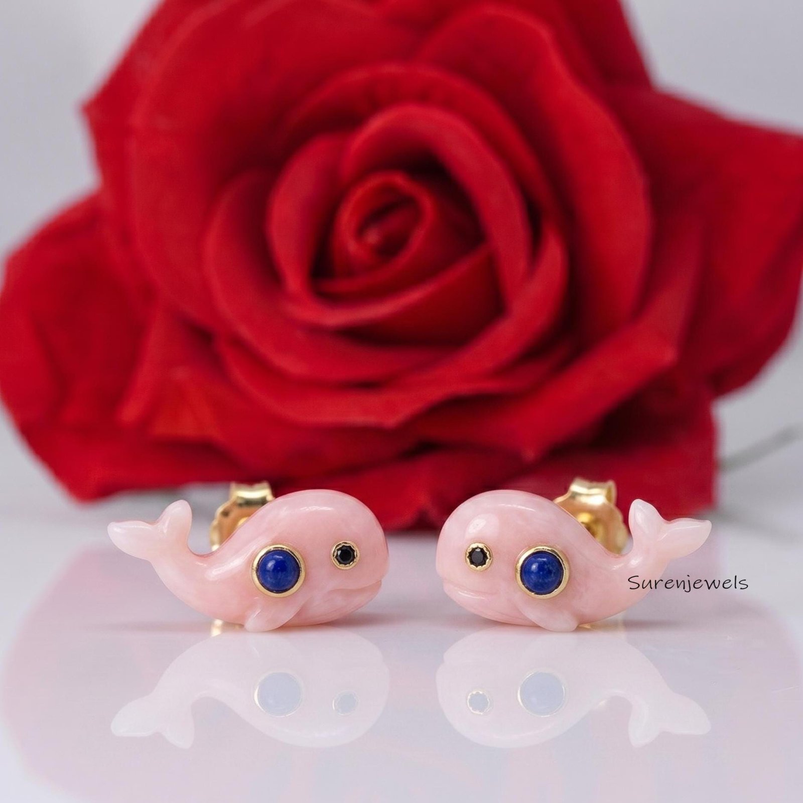 14K Gold Plated Pink Opal Whale Stud Earrings, Lapis Lazuli Whale Earrings, Ocean Animal Jewelry, Cute Marine Life Gift - Sur 14K Gold Plated Pink Opal Whale Stud Earrings, Lapis Lazuli Whale Earrings, Ocean Animal Jewelry, Cute Marine Life Gift - Sur