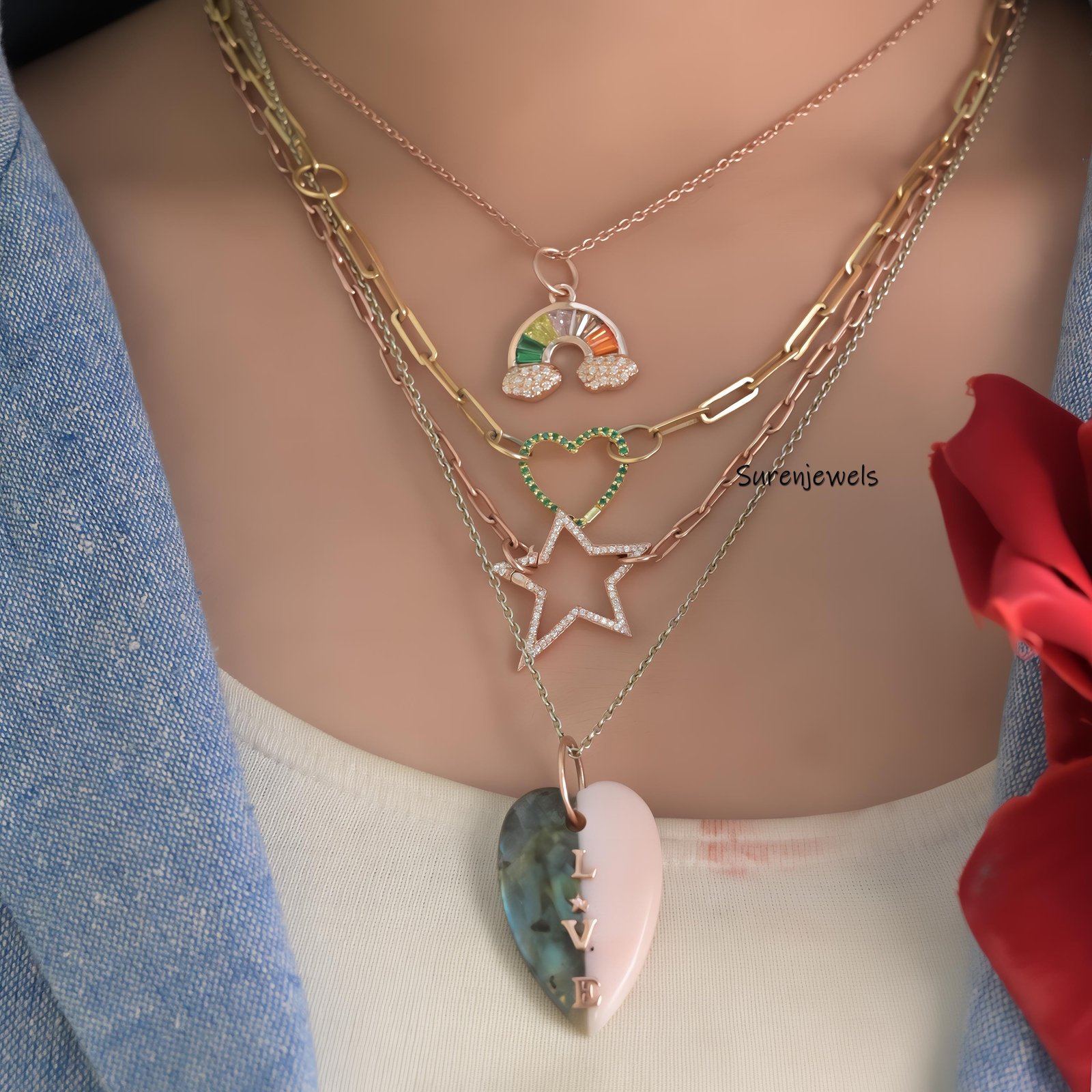 14k Gold Plated Rainbow Pendant: Multi Baguette Charm - View 2 - Suren Jewels | SKU: SJP1183-SLYGMTBTTCZ 14k Gold Plated Rainbow Pendant: Multi Baguette Charm - View 2 - Suren Jewels | SKU: SJP1183-SLYGMTBTTCZ