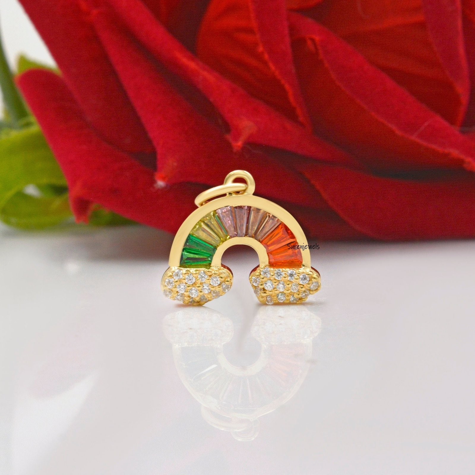 14k Gold Plated Rainbow Pendant: Multi Baguette Charm - View 4 - Suren Jewels | SKU: SJP1183-SLYGMTBTTCZ 14k Gold Plated Rainbow Pendant: Multi Baguette Charm - View 4 - Suren Jewels | SKU: SJP1183-SLYGMTBTTCZ