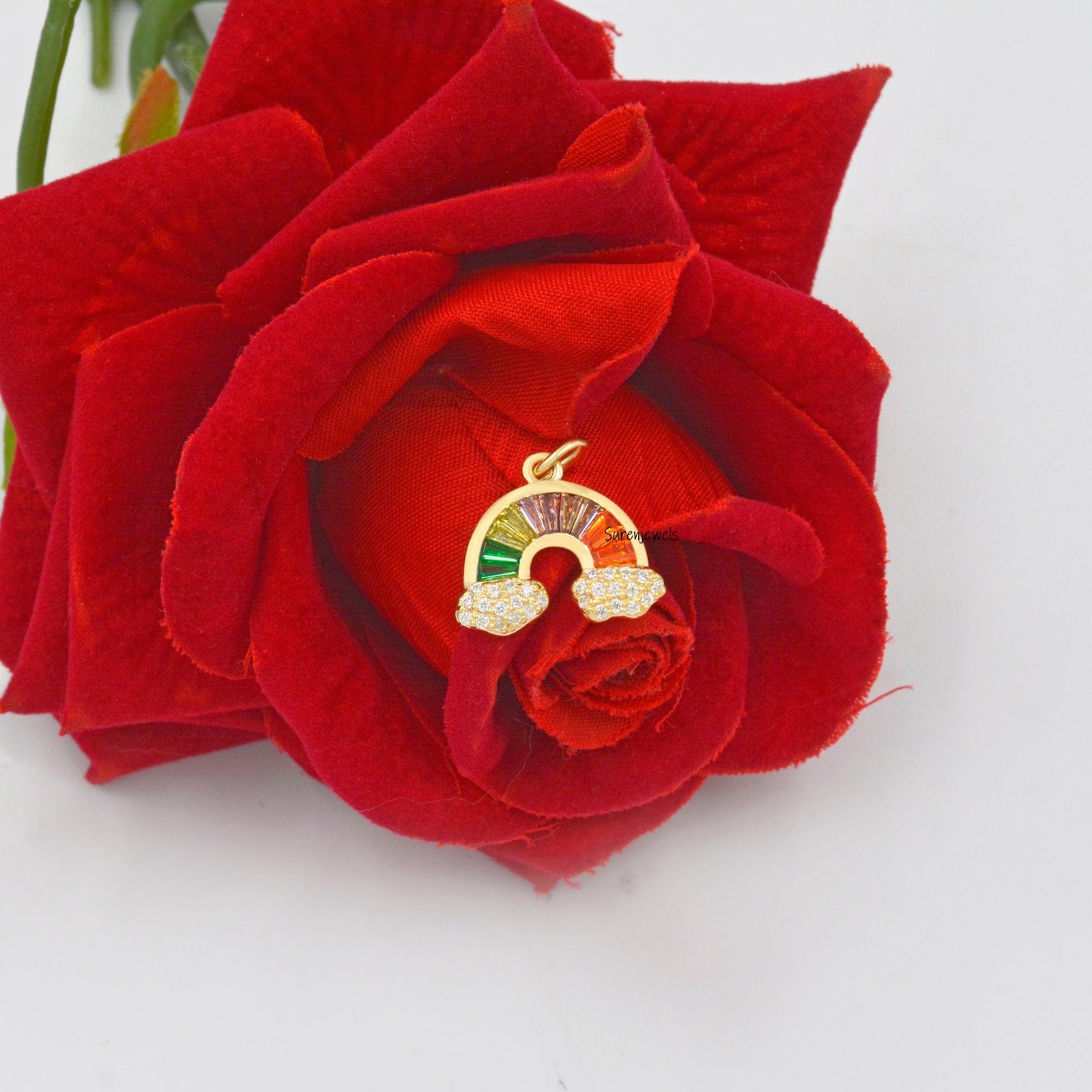 14k Gold Plated Rainbow Pendant: Multi Baguette Charm - View 6 - Suren Jewels | SKU: SJP1183-SLYGMTBTTCZ 14k Gold Plated Rainbow Pendant: Multi Baguette Charm - View 6 - Suren Jewels | SKU: SJP1183-SLYGMTBTTCZ