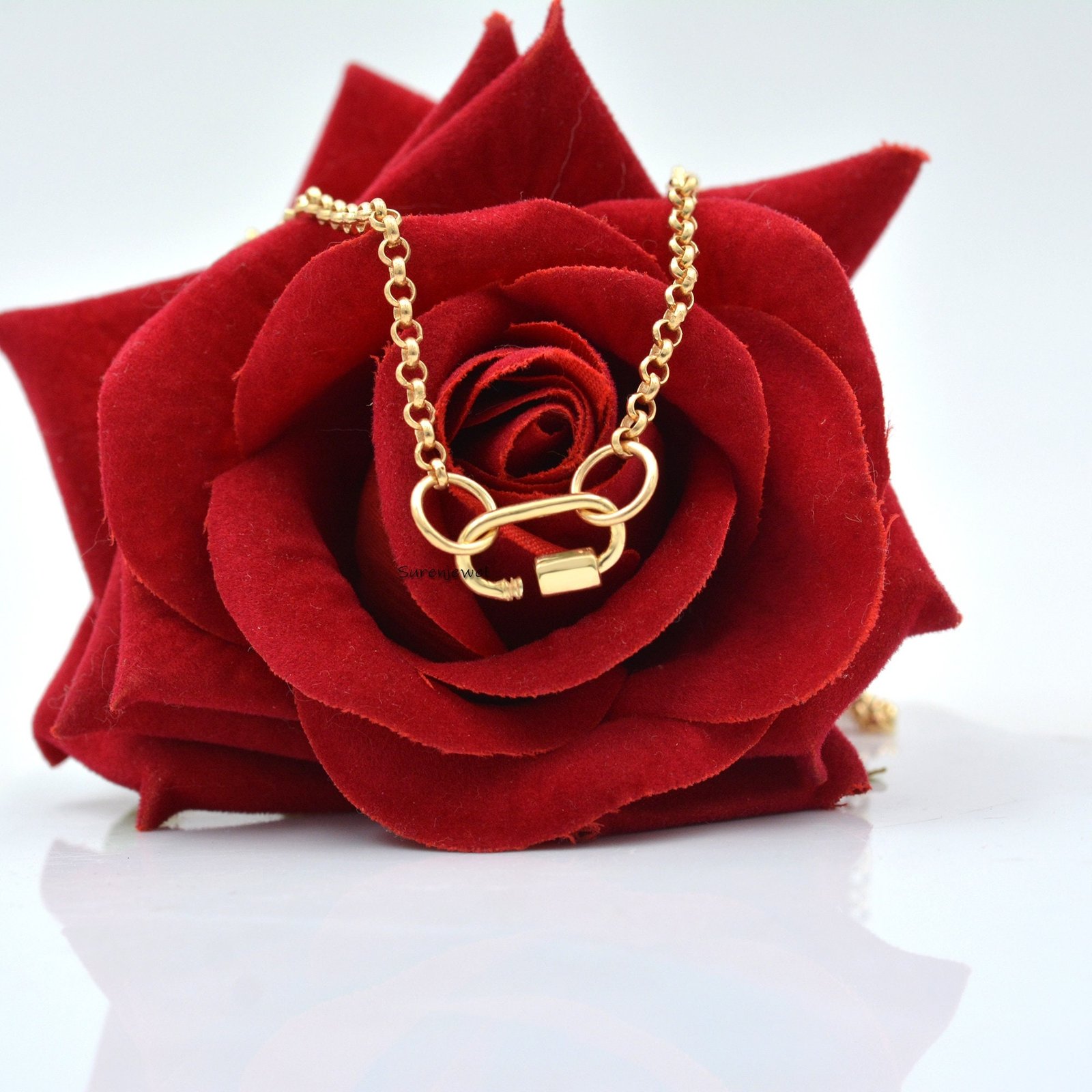 14K Gold Plated Rolo Chain Necklace: Silver Carabiner Lock - Suren Jewels | SKU: SJC130-SLYG-14M-N13-18I 14K Gold Plated Rolo Chain Necklace: Silver Carabiner Lock - Suren Jewels | SKU: SJC130-SLYG-14M-N13-18I