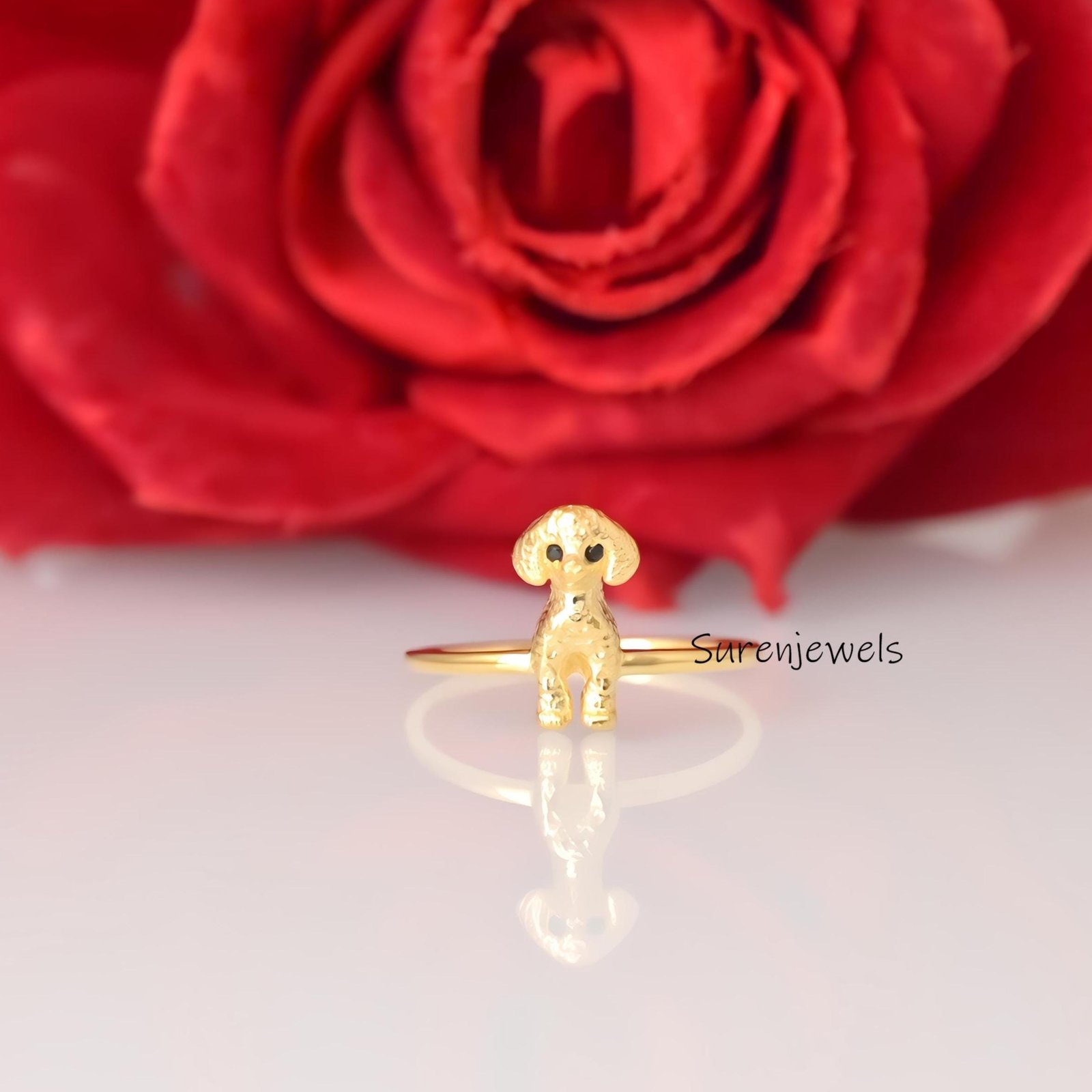 14k Gold Poodle Ring: Dainty Animal Jewelry - Suren Jewels | SKU: SJR2961-SLNSBKCZ-US-10 14k Gold Poodle Ring: Dainty Animal Jewelry - Suren Jewels | SKU: SJR2961-SLNSBKCZ-US-10