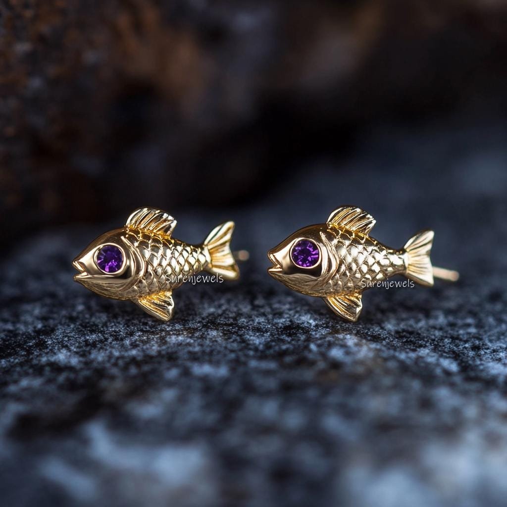 14k Gold Puff Fish Stud Earrings, Dainty Lucky Fish, 10mm - Suren Jewels | SKU: SJE1823-SLYGDI-10M 14k Gold Puff Fish Stud Earrings, Dainty Lucky Fish, 10mm - Suren Jewels | SKU: SJE1823-SLYGDI-10M
