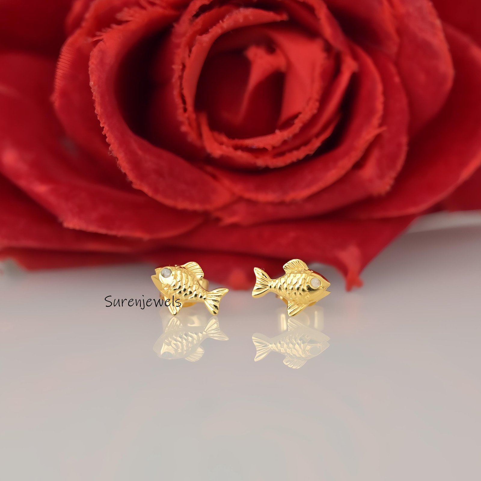 14k Gold Puff Fish Stud Earrings, Dainty Lucky Fish, 10mm - View 2 - Suren Jewels | SKU: SJE1823-SLYGDI-10M 14k Gold Puff Fish Stud Earrings, Dainty Lucky Fish, 10mm - View 2 - Suren Jewels | SKU: SJE1823-SLYGDI-10M