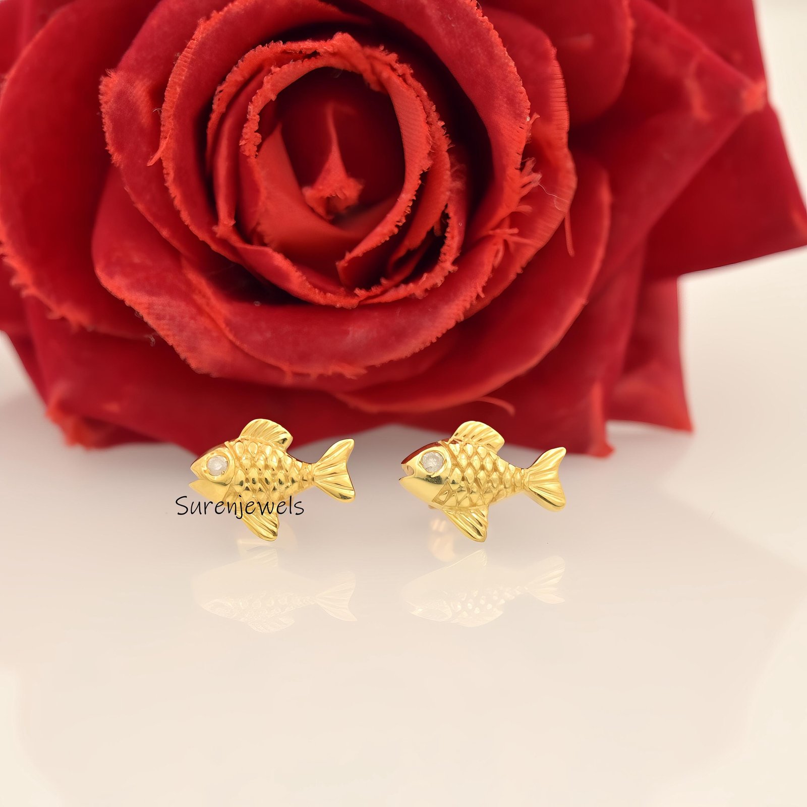 14k Gold Puff Fish Stud Earrings, Dainty Lucky Fish, 10mm - View 4 - Suren Jewels | SKU: SJE1823-SLYGDI-10M 14k Gold Puff Fish Stud Earrings, Dainty Lucky Fish, 10mm - View 4 - Suren Jewels | SKU: SJE1823-SLYGDI-10M
