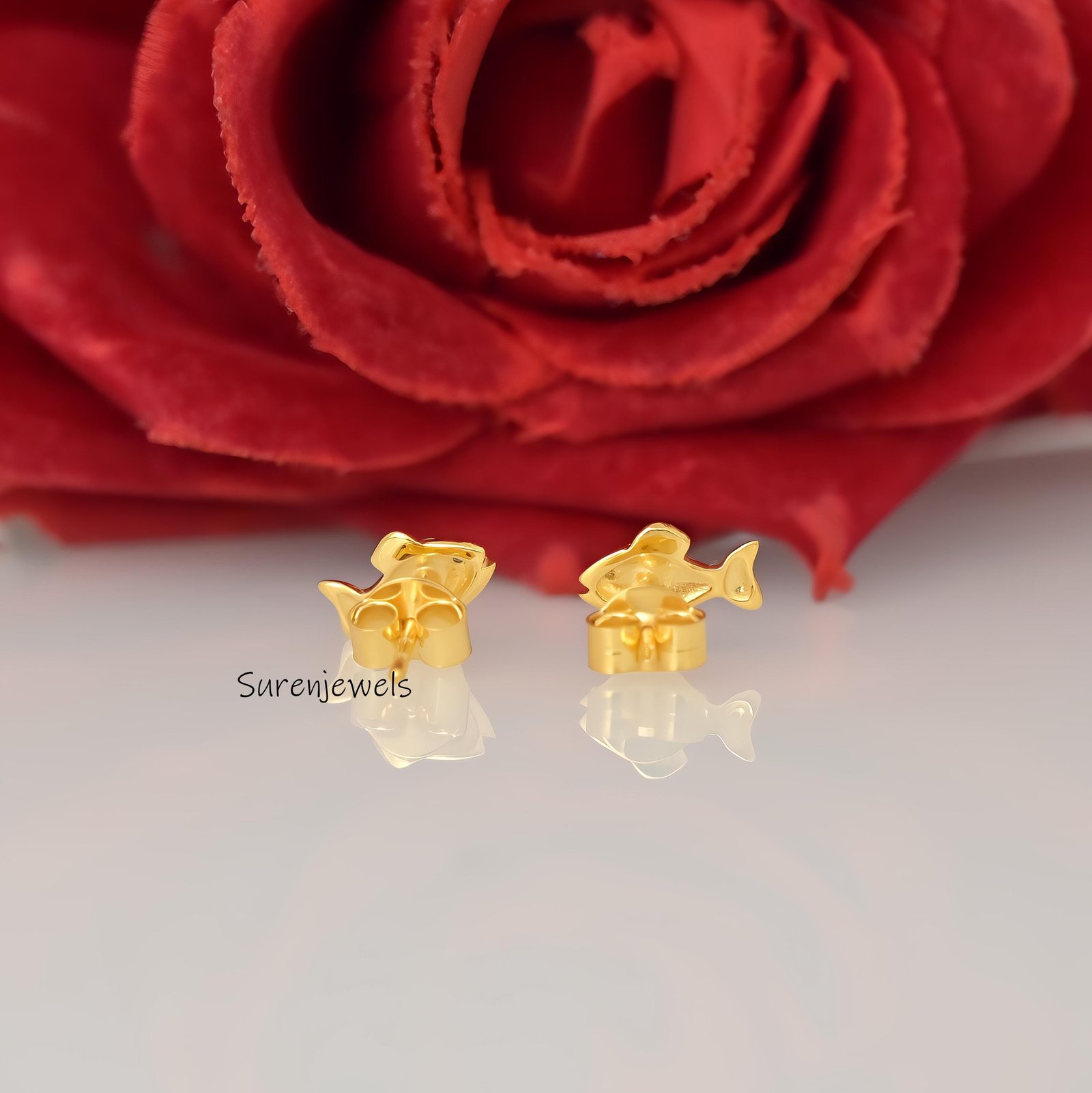 14k Gold Puff Fish Stud Earrings, Dainty Lucky Fish, 10mm - View 5 - Suren Jewels | SKU: SJE1823-SLYGDI-10M 14k Gold Puff Fish Stud Earrings, Dainty Lucky Fish, 10mm - View 5 - Suren Jewels | SKU: SJE1823-SLYGDI-10M