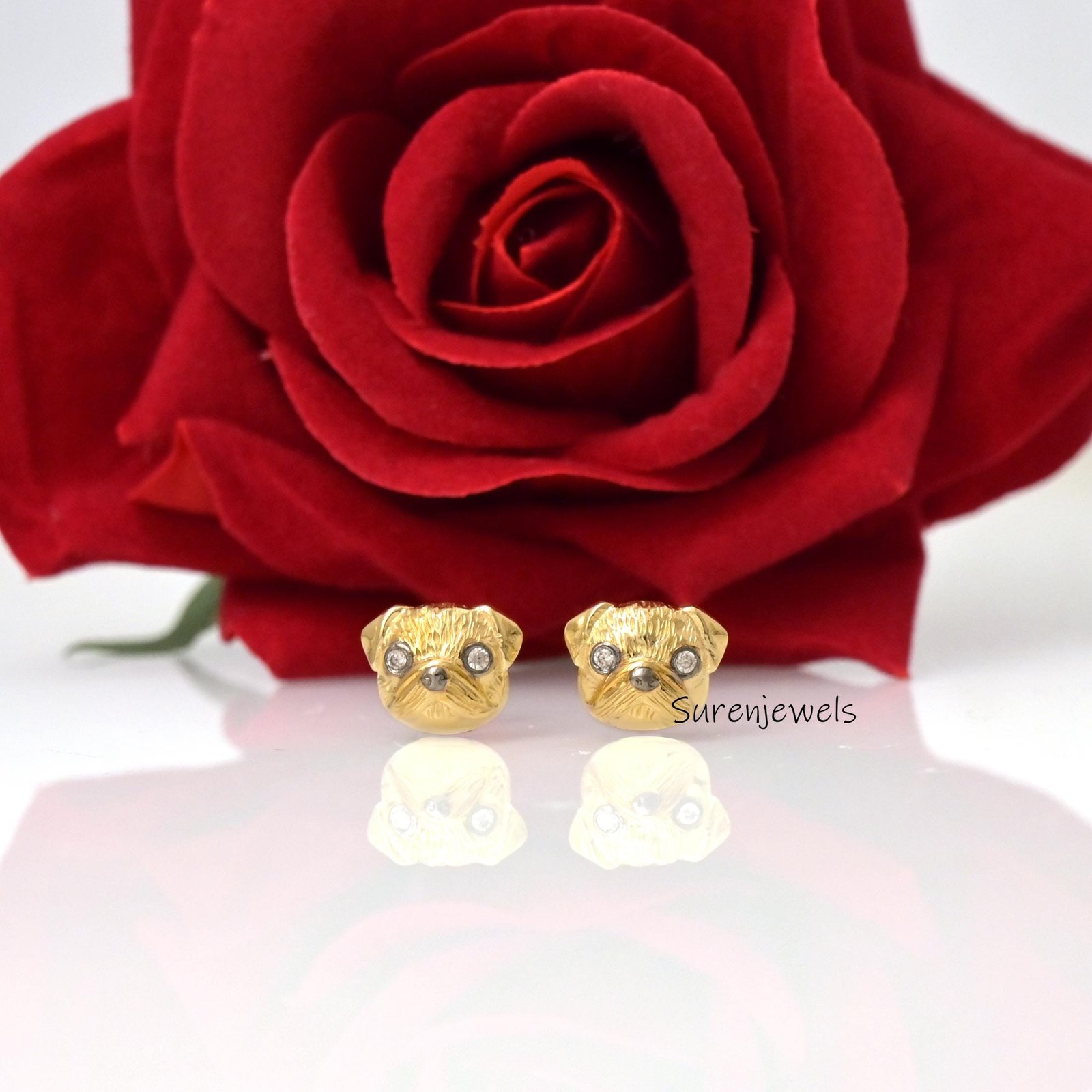 14K Gold Pug Face Stud Earrings: Animal Jewelry - Suren Jewels | SKU: SJE2036-SLYGCZELBK-10M,SJE1790-SLYGBKCZ-10M,SJE1808-SLY 14K Gold Pug Face Stud Earrings: Animal Jewelry - Suren Jewels | SKU: SJE2036-SLYGCZELBK-10M,SJE1790-SLYGBKCZ-10M,SJE1808-SLY
