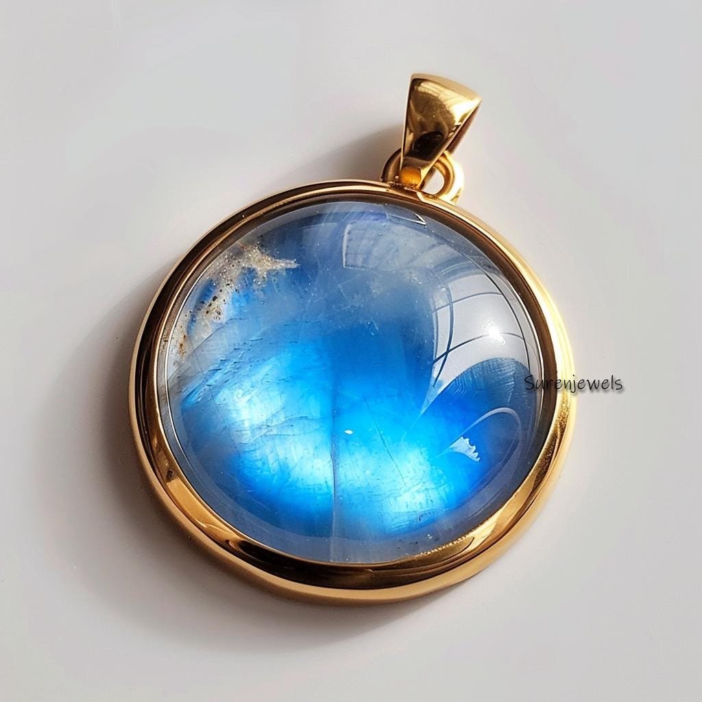 14k Gold Rainbow Moonstone Cabochon Pendant, Round Designer Moonstone - View 2 - Suren Jewels | SKU: SJP3451-SLYGMS-25M 14k Gold Rainbow Moonstone Cabochon Pendant, Round Designer Moonstone - View 2 - Suren Jewels | SKU: SJP3451-SLYGMS-25M
