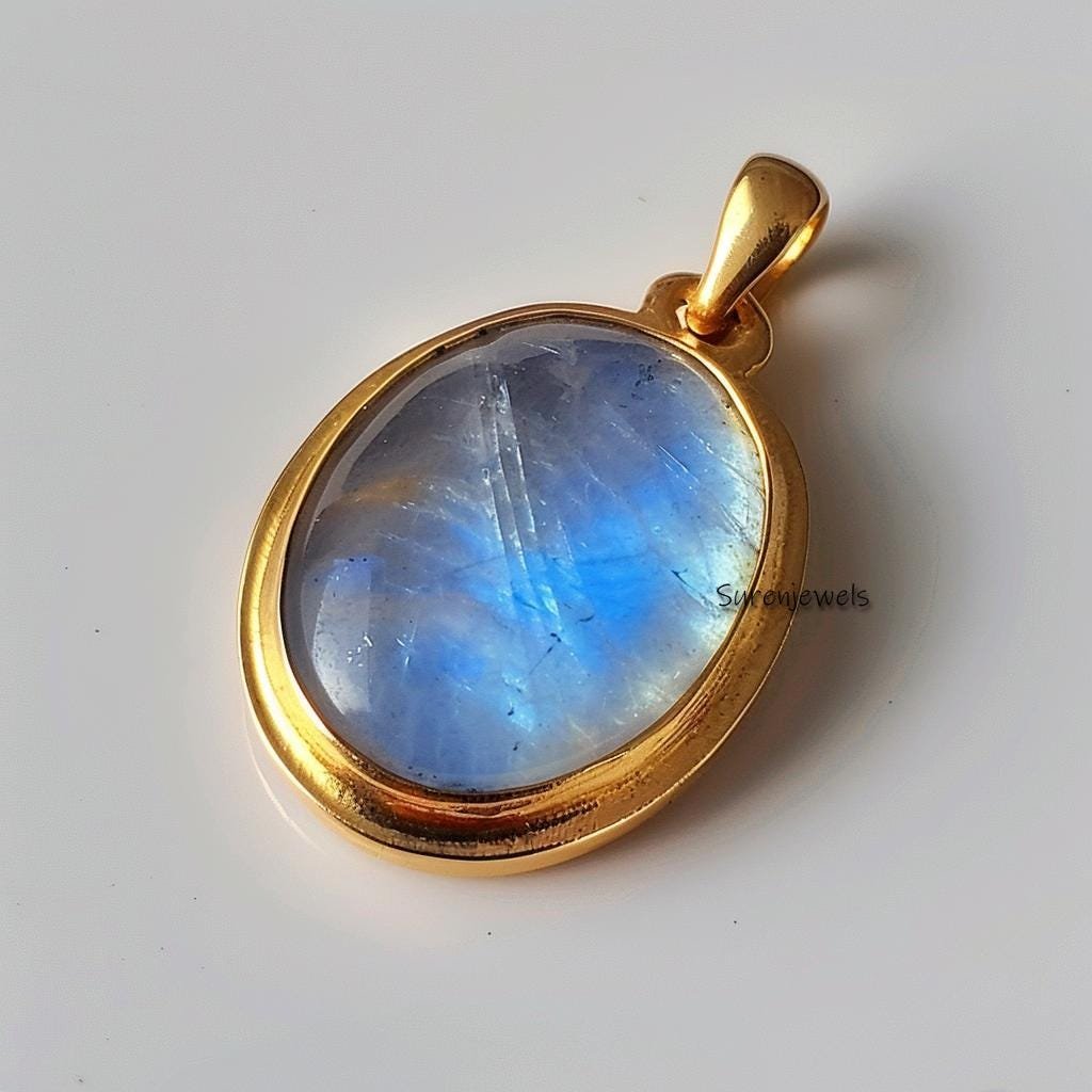 14K Gold Rainbow Moonstone Pendant: Handmade Oval Charm - Suren Jewels | SKU: SJP5074-SLYGLB-25M 14K Gold Rainbow Moonstone Pendant: Handmade Oval Charm - Suren Jewels | SKU: SJP5074-SLYGLB-25M