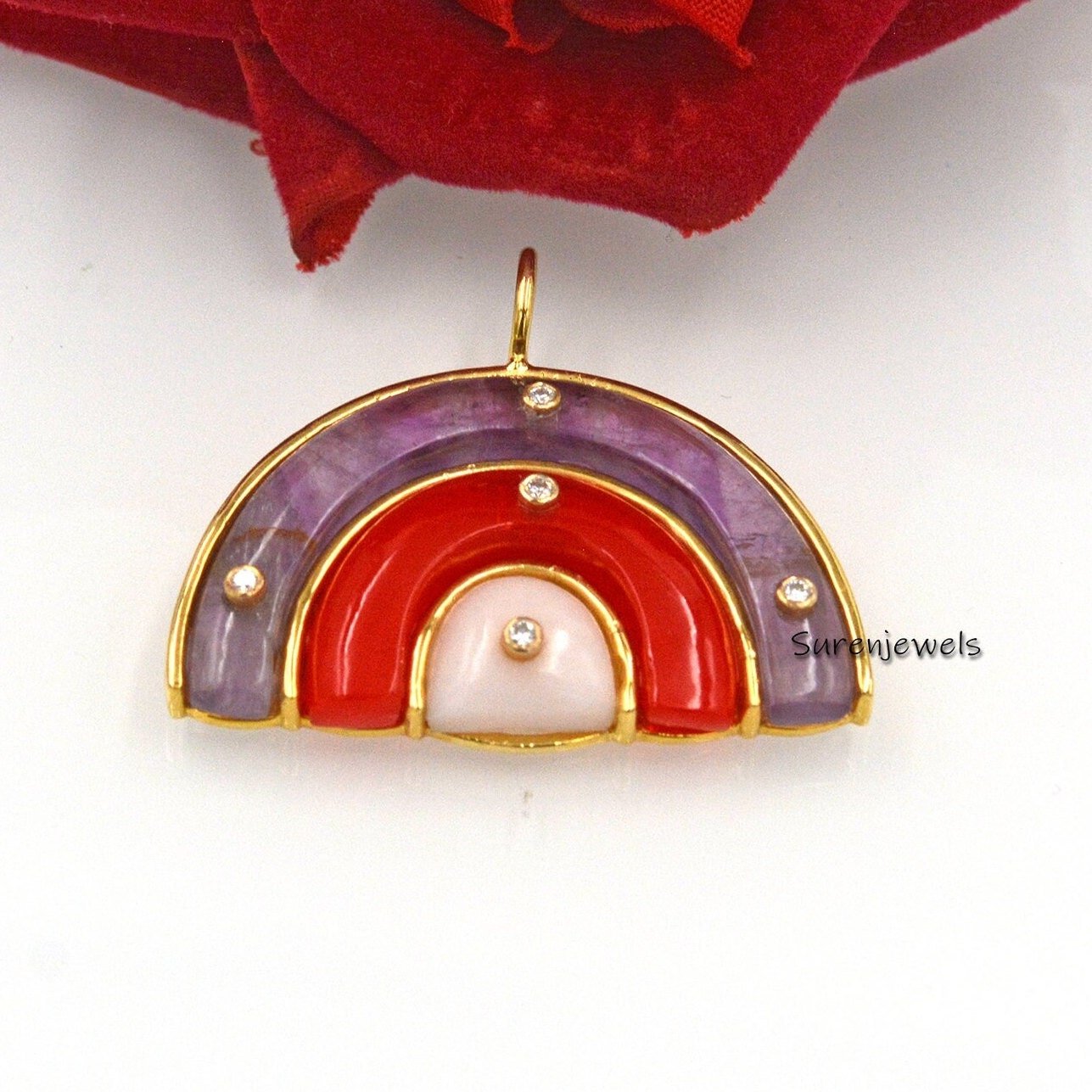 14k Gold Rainbow Pendant: Multi Gemstone & White Topaz - Suren Jewels | SKU: SJP1175-SLYGPZCRWT 14k Gold Rainbow Pendant: Multi Gemstone & White Topaz - Suren Jewels | SKU: SJP1175-SLYGPZCRWT