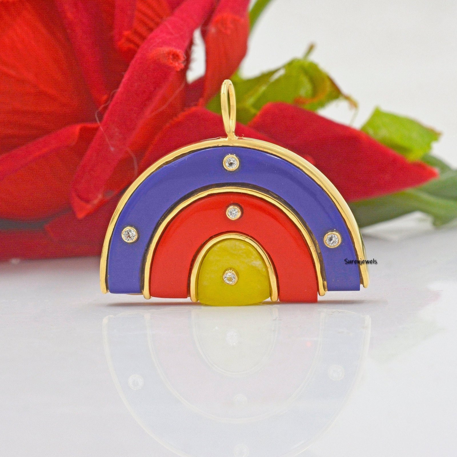 14k Gold Rainbow Pendant: Multi Gemstone & White Topaz - View 2 - Suren Jewels | SKU: SJP1175-SLYGPZCRWT 14k Gold Rainbow Pendant: Multi Gemstone & White Topaz - View 2 - Suren Jewels | SKU: SJP1175-SLYGPZCRWT