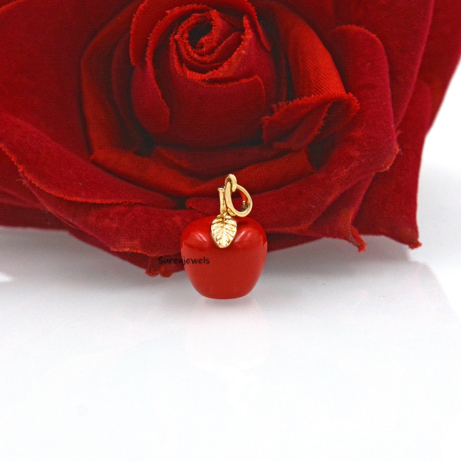 14k Gold Red Coral Apple Pendant: Gemstone Jewelry - View 2 - Suren Jewels | SKU: SJP1611 14k Gold Red Coral Apple Pendant: Gemstone Jewelry - View 2 - Suren Jewels | SKU: SJP1611