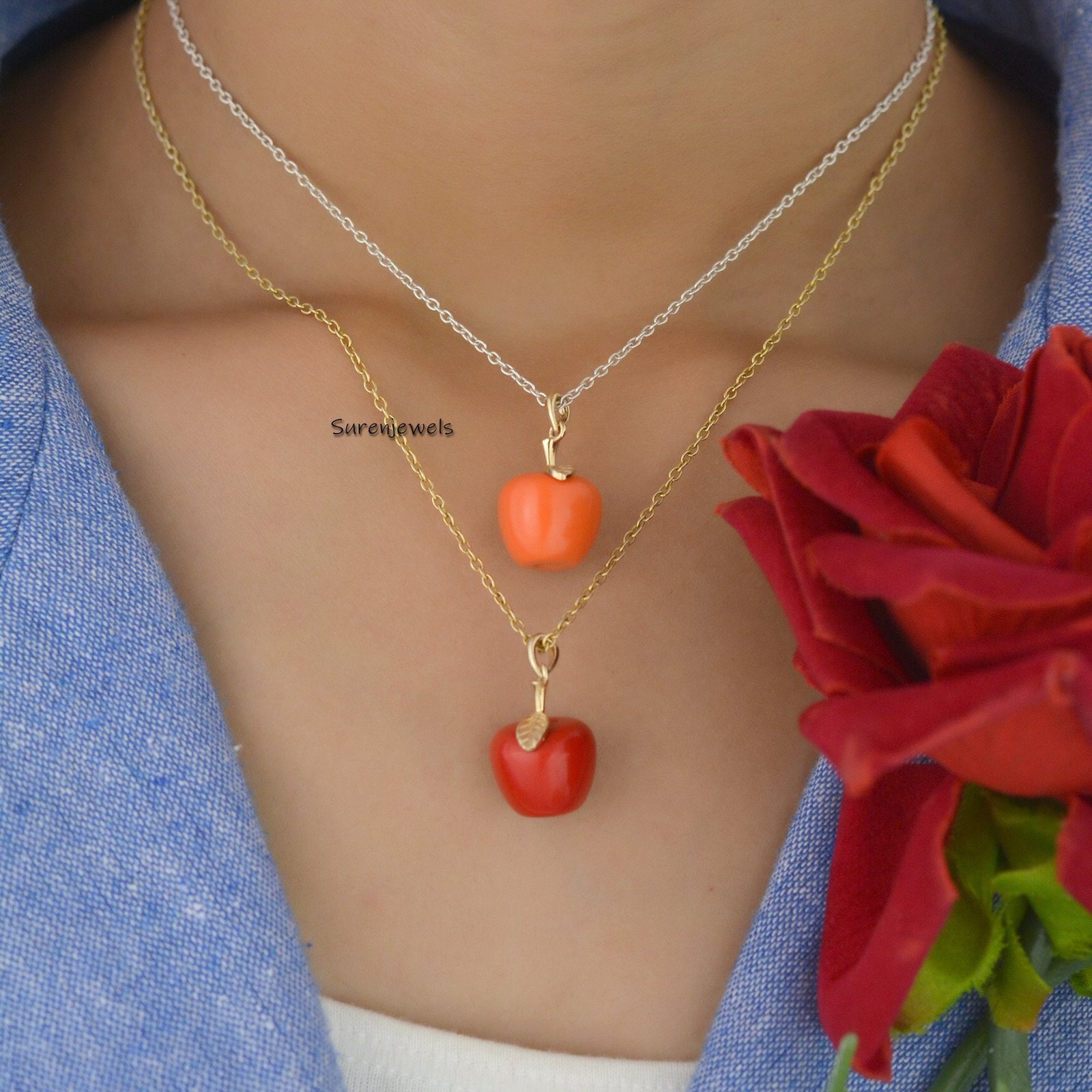 14k Gold Red Coral Apple Pendant: Gemstone Jewelry - View 5 - Suren Jewels | SKU: SJP1611 14k Gold Red Coral Apple Pendant: Gemstone Jewelry - View 5 - Suren Jewels | SKU: SJP1611