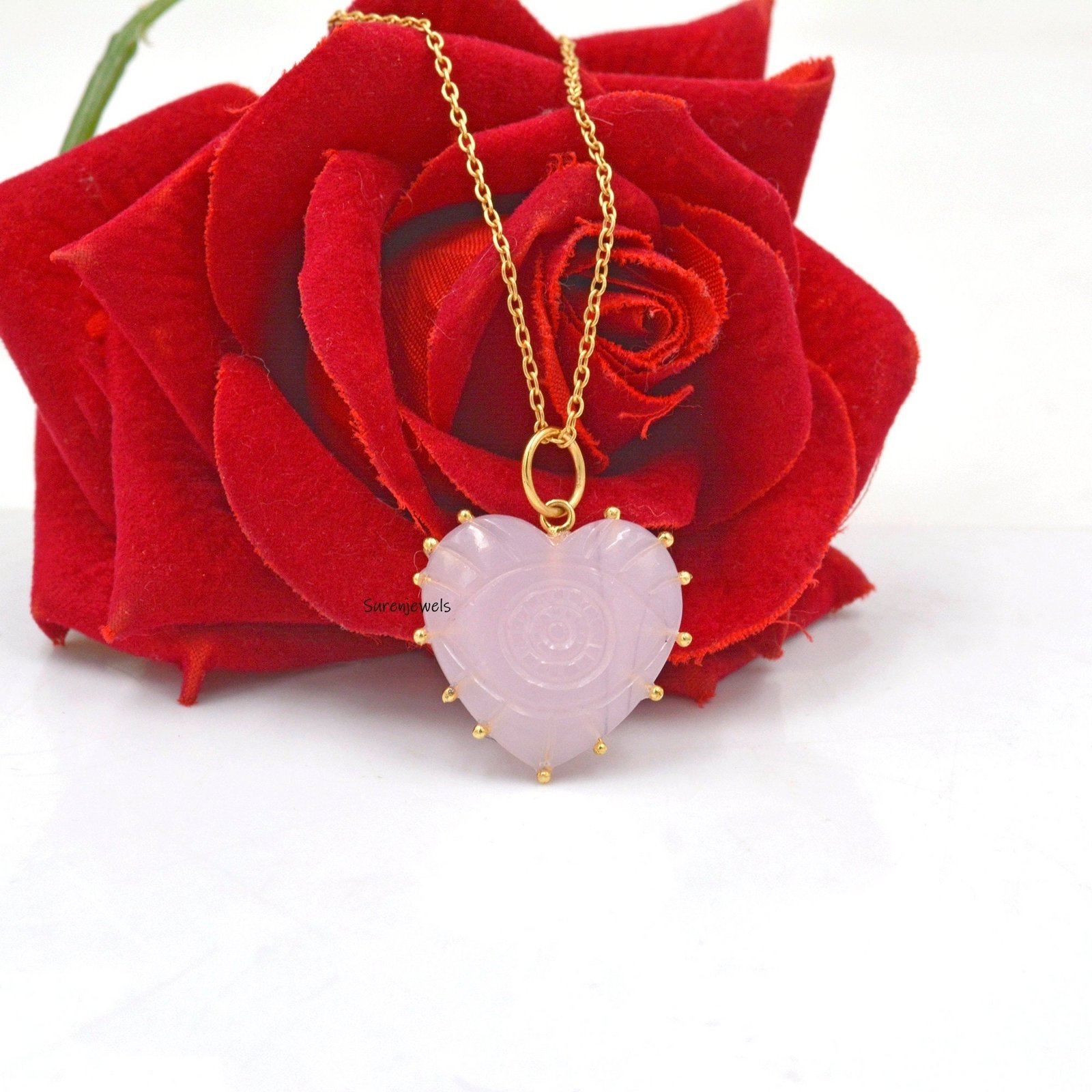 14k Gold Rose Quartz Heart Pendant - 20MM Gemstone Charm - Suren Jewels | SKU: SJP1168-SLYGRQ 14k Gold Rose Quartz Heart Pendant - 20MM Gemstone Charm - Suren Jewels | SKU: SJP1168-SLYGRQ
