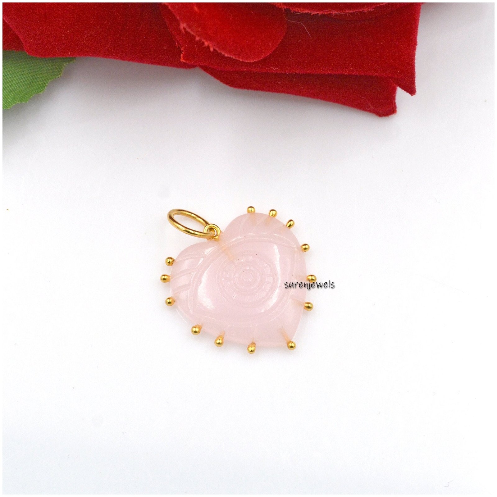14k Gold Rose Quartz Heart Pendant - 20MM Gemstone Charm - View 2 - Suren Jewels | SKU: SJP1168-SLYGRQ 14k Gold Rose Quartz Heart Pendant - 20MM Gemstone Charm - View 2 - Suren Jewels | SKU: SJP1168-SLYGRQ