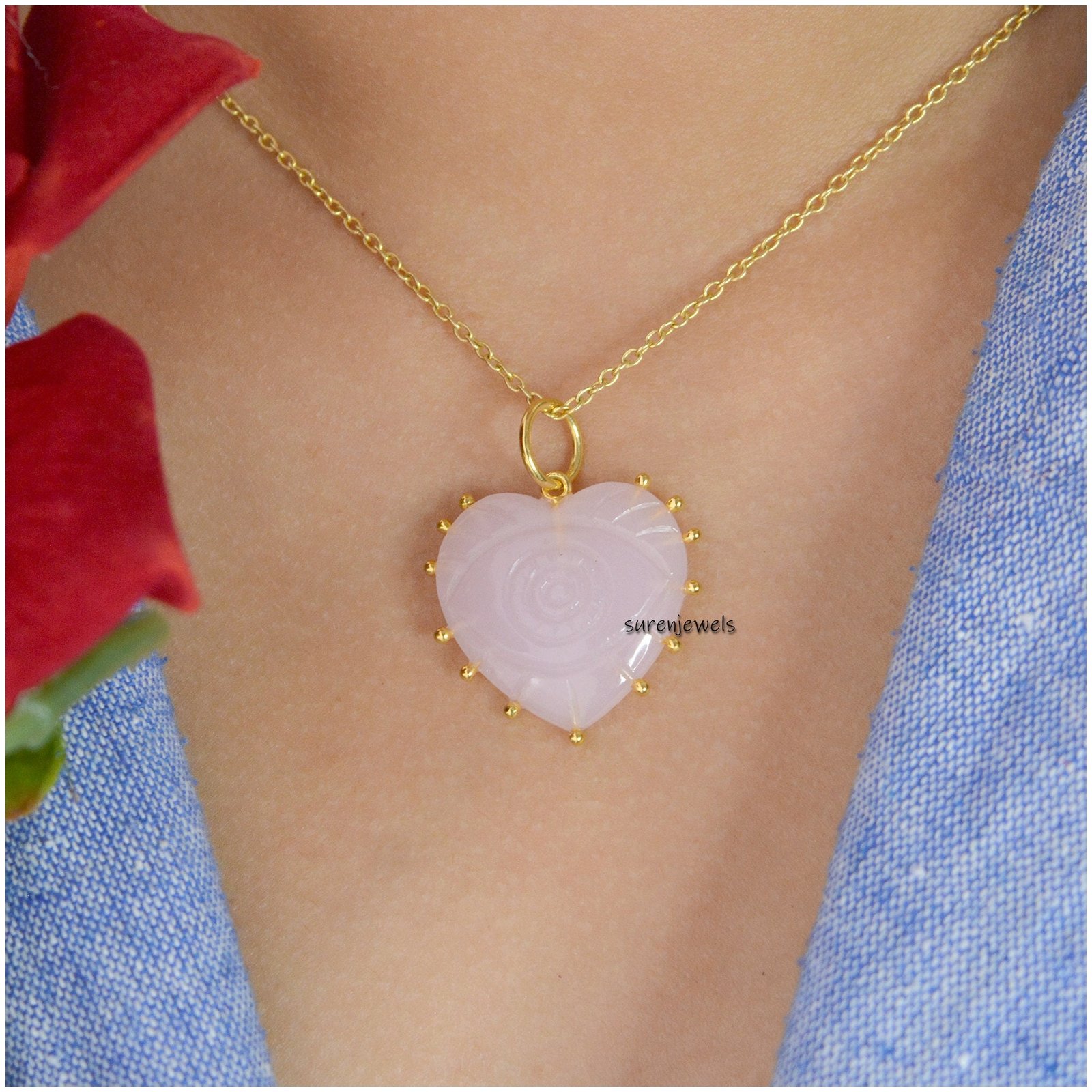 14k Gold Rose Quartz Heart Pendant - 20MM Gemstone Charm - View 5 - Suren Jewels | SKU: SJP1168-SLYGRQ 14k Gold Rose Quartz Heart Pendant - 20MM Gemstone Charm - View 5 - Suren Jewels | SKU: SJP1168-SLYGRQ