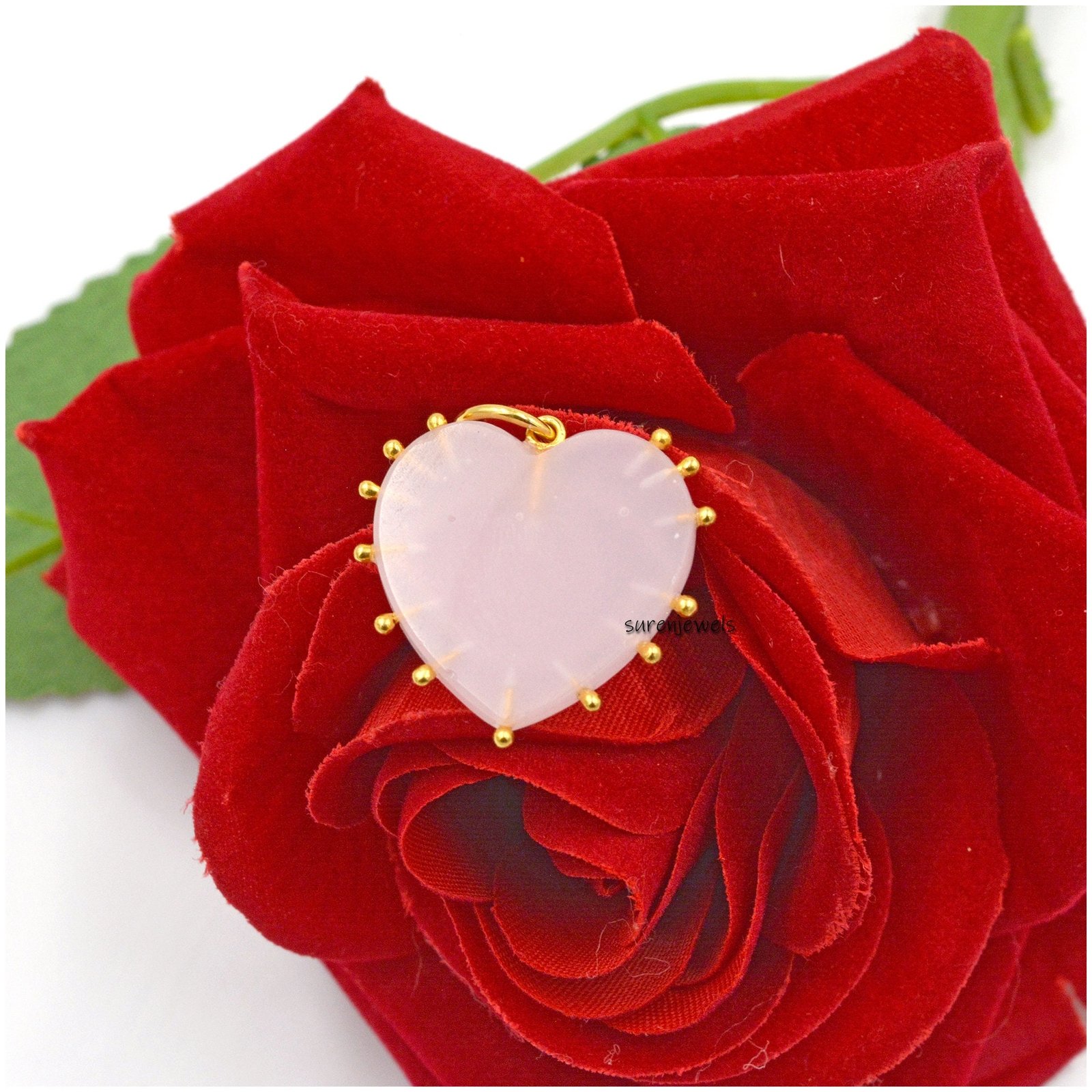 14k Gold Rose Quartz Heart Pendant - 20MM Gemstone Charm - View 7 - Suren Jewels | SKU: SJP1168-SLYGRQ 14k Gold Rose Quartz Heart Pendant - 20MM Gemstone Charm - View 7 - Suren Jewels | SKU: SJP1168-SLYGRQ