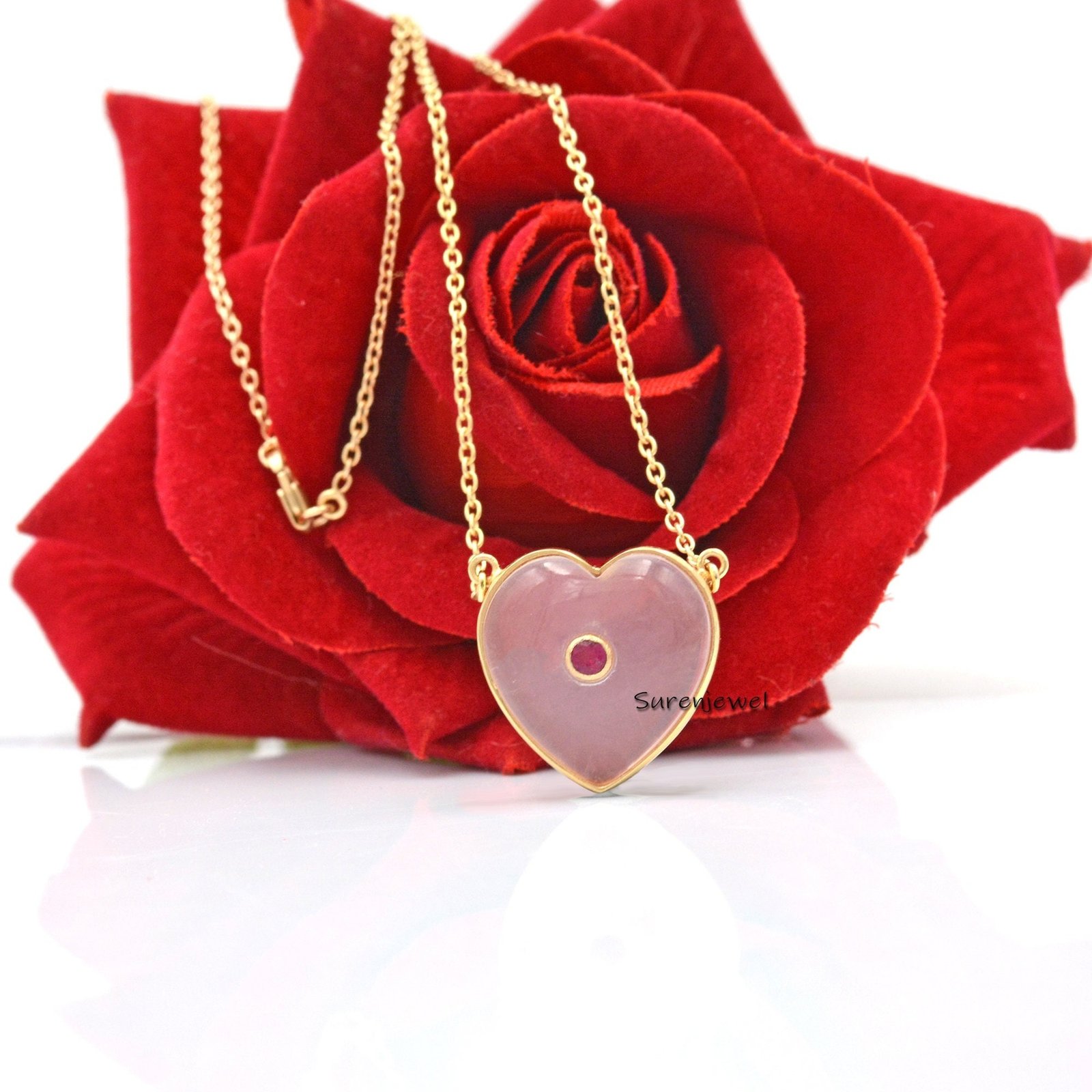 14k Gold Rose Quartz Heart Pendant Necklace: Gemstone Jewelry - Suren Jewels | SKU: SJN495-SLYGPQPTL-161 14k Gold Rose Quartz Heart Pendant Necklace: Gemstone Jewelry - Suren Jewels | SKU: SJN495-SLYGPQPTL-161