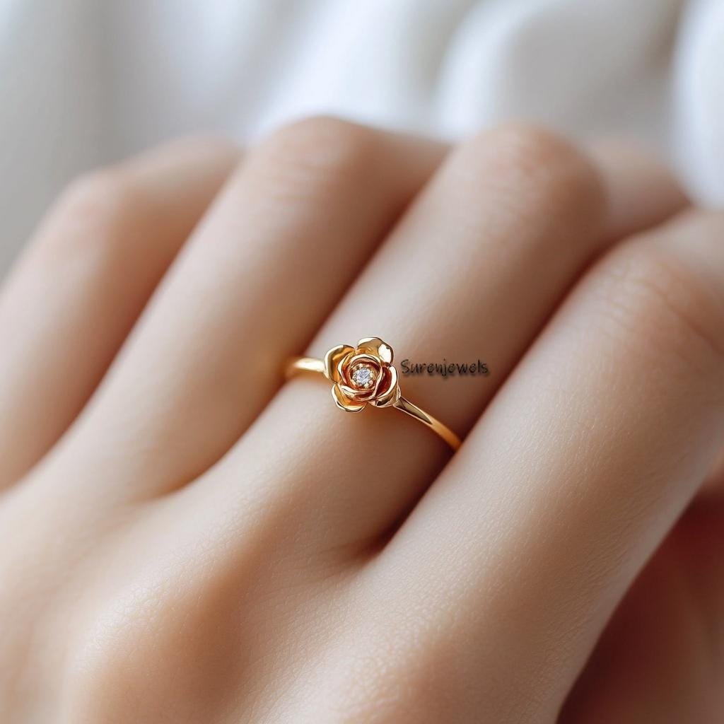 14k Gold Rose Ring: Dainty Flower Jewelry - View 2 - Suren Jewels | SKU: SJR2947-SLYGCZ-US-6,SJR2996-SLYGCZ-US-7.5 14k Gold Rose Ring: Dainty Flower Jewelry - View 2 - Suren Jewels | SKU: SJR2947-SLYGCZ-US-6,SJR2996-SLYGCZ-US-7.5