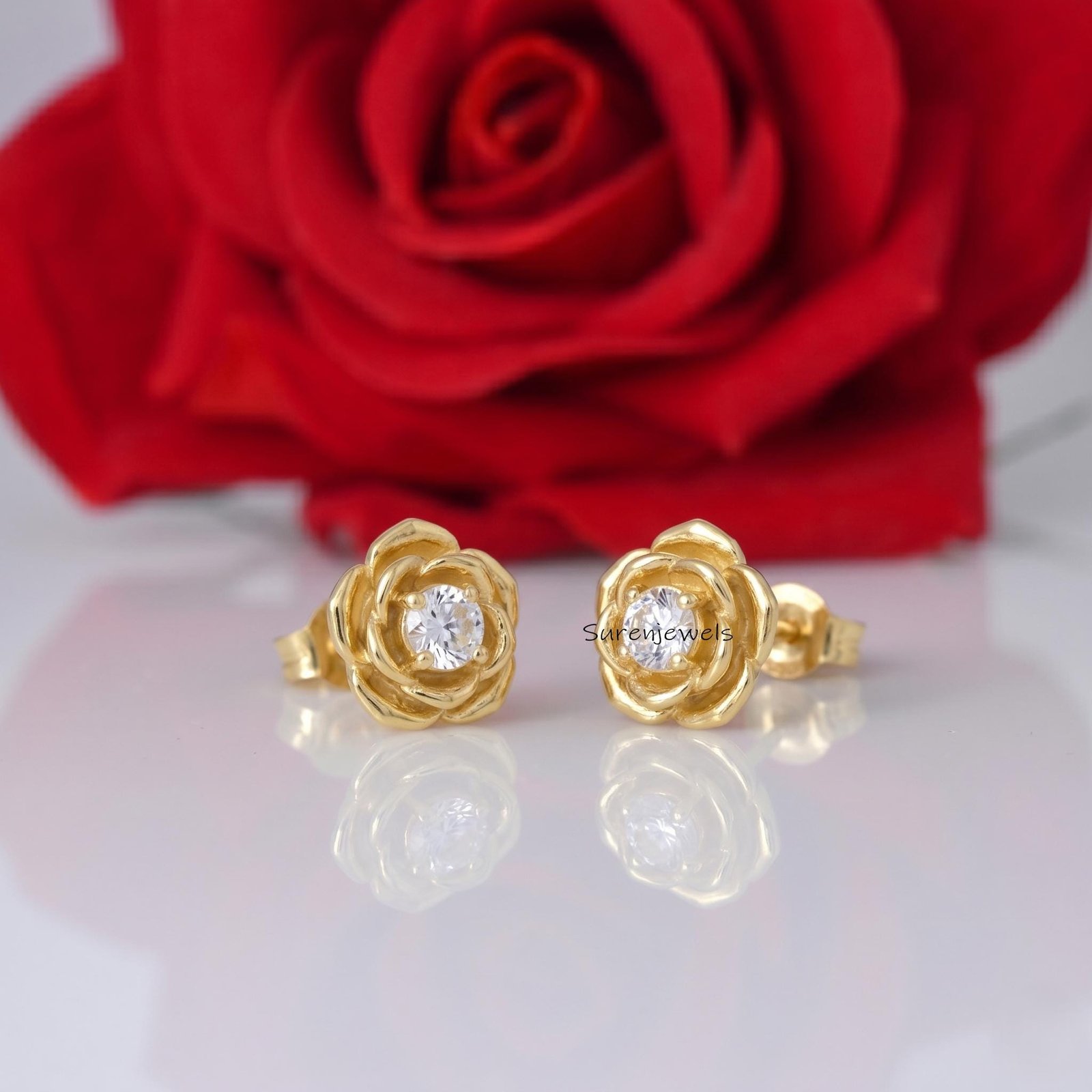 14k Gold Rose Stud Earrings, Real Gold Flower Studs with Cubic Zirconia, Tiny Floral Earrings, Everyday Minimalist Jewelry - 14k Gold Rose Stud Earrings, Real Gold Flower Studs with Cubic Zirconia, Tiny Floral Earrings, Everyday Minimalist Jewelry -
