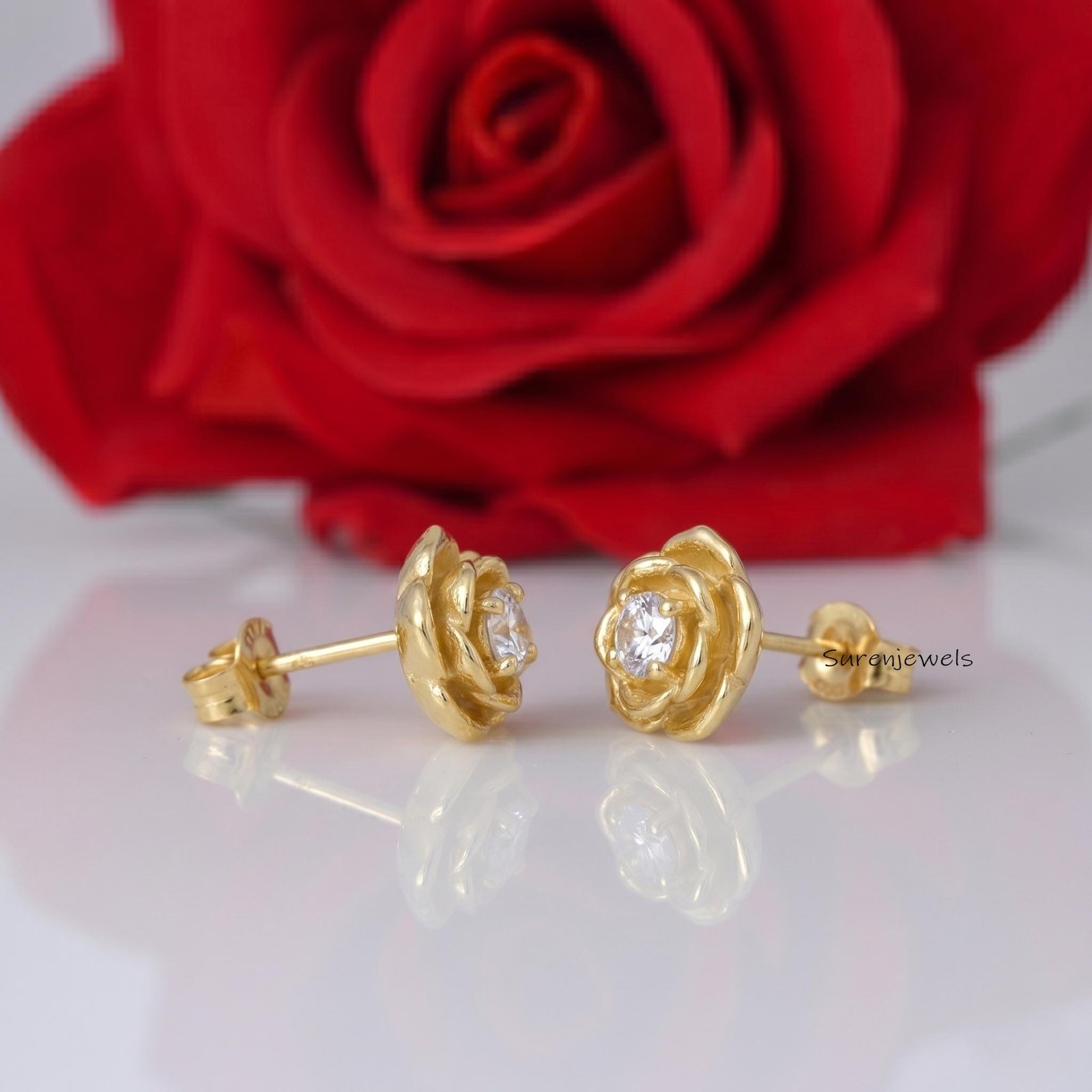 14k Gold Rose Stud Earrings, Real Gold Flower Studs with Cubic Zirconia, Tiny Floral Earrings, Everyday Minimalist Jewelry - 14k Gold Rose Stud Earrings, Real Gold Flower Studs with Cubic Zirconia, Tiny Floral Earrings, Everyday Minimalist Jewelry -