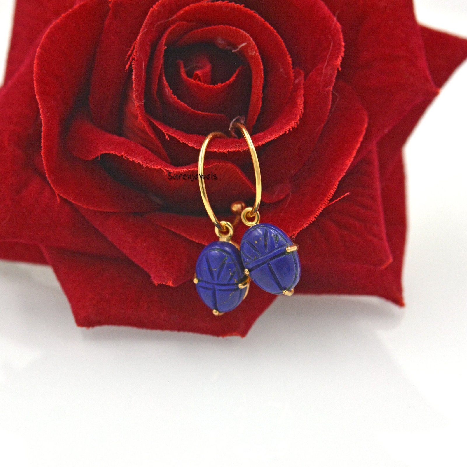 14K Gold Scarab Earrings: Hand Carved Amulet, Gemstone Jewelry - Suren Jewels | SKU: SJE1055 14K Gold Scarab Earrings: Hand Carved Amulet, Gemstone Jewelry - Suren Jewels | SKU: SJE1055