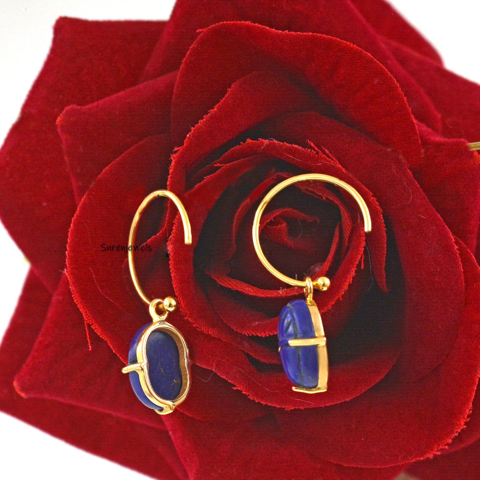 14K Gold Scarab Earrings: Hand Carved Amulet, Gemstone Jewelry - View 2 - Suren Jewels | SKU: SJE1055 14K Gold Scarab Earrings: Hand Carved Amulet, Gemstone Jewelry - View 2 - Suren Jewels | SKU: SJE1055