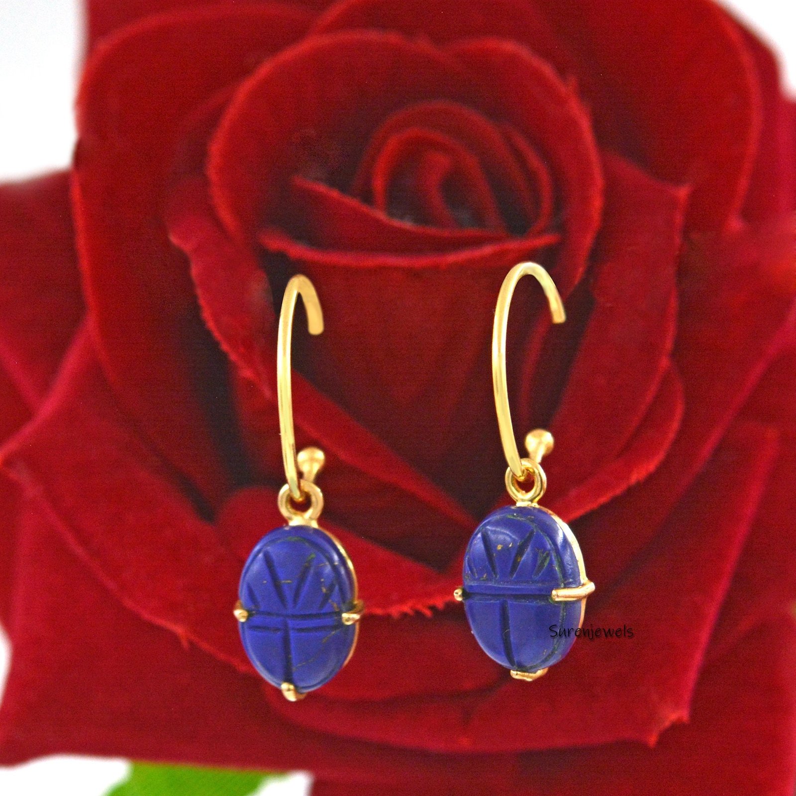 14K Gold Scarab Earrings: Hand Carved Amulet, Gemstone Jewelry - View 3 - Suren Jewels | SKU: SJE1055 14K Gold Scarab Earrings: Hand Carved Amulet, Gemstone Jewelry - View 3 - Suren Jewels | SKU: SJE1055