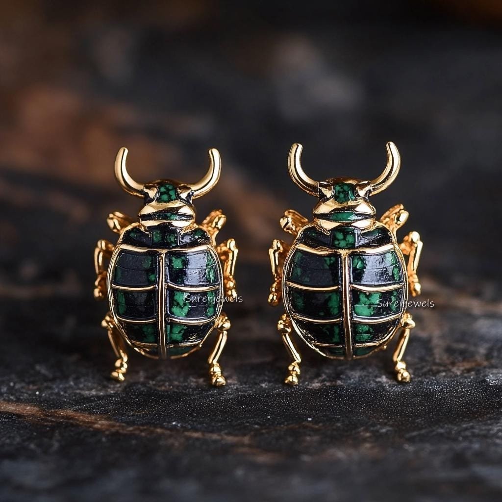 14K Gold Scarab Studs: Hand Carved Egyptian Beetle Earrings - Suren Jewels | SKU: SJE1785-SLYGMK-12M,SJE1841-SLRGLB-12M,SJE17 14K Gold Scarab Studs: Hand Carved Egyptian Beetle Earrings - Suren Jewels | SKU: SJE1785-SLYGMK-12M,SJE1841-SLRGLB-12M,SJE17