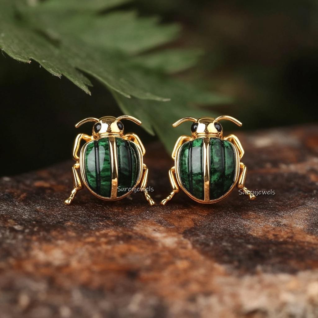 14K Gold Scarab Studs: Hand Carved Egyptian Beetle Earrings - View 2 - Suren Jewels | SKU: SJE1785-SLYGMK-12M,SJE1841-SLRGLB- 14K Gold Scarab Studs: Hand Carved Egyptian Beetle Earrings - View 2 - Suren Jewels | SKU: SJE1785-SLYGMK-12M,SJE1841-SLRGLB-