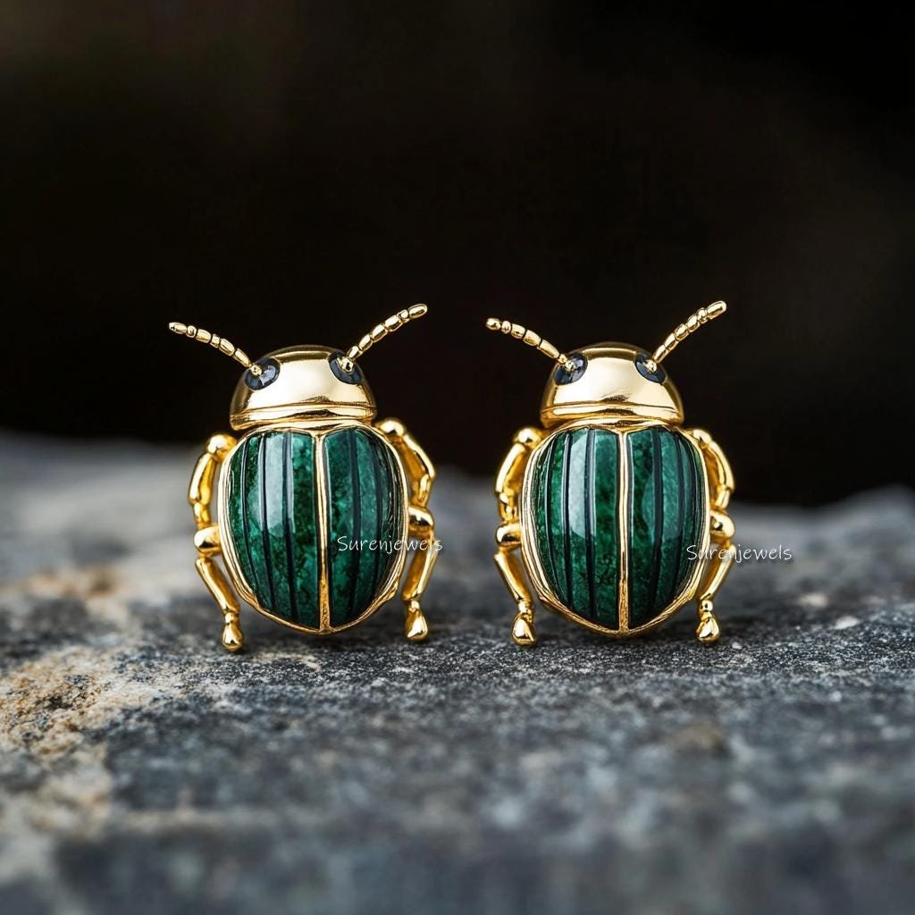 14K Gold Scarab Studs: Hand Carved Egyptian Beetle Earrings - View 3 - Suren Jewels | SKU: SJE1785-SLYGMK-12M,SJE1841-SLRGLB- 14K Gold Scarab Studs: Hand Carved Egyptian Beetle Earrings - View 3 - Suren Jewels | SKU: SJE1785-SLYGMK-12M,SJE1841-SLRGLB-