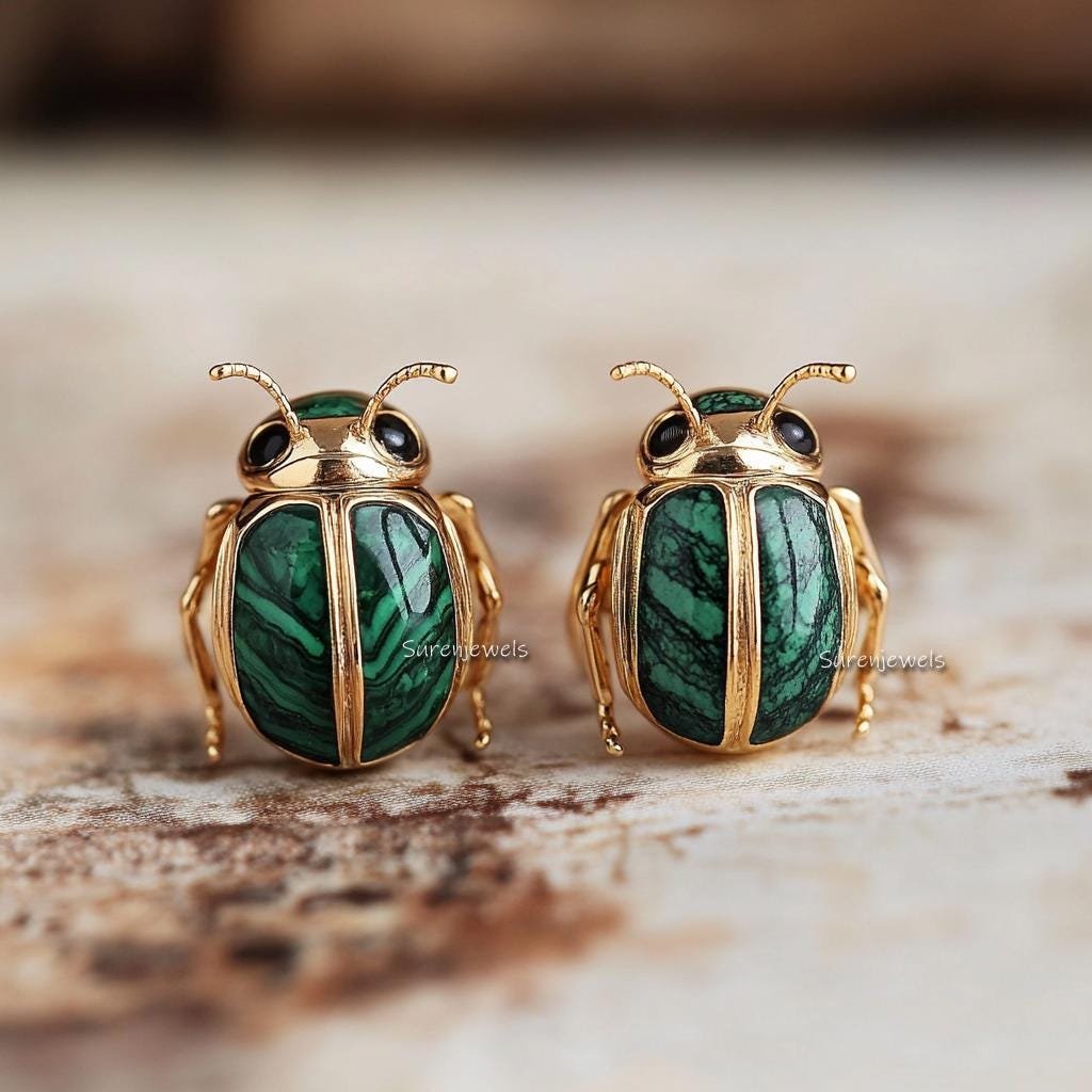 14K Gold Scarab Studs: Hand Carved Egyptian Beetle Earrings - View 4 - Suren Jewels | SKU: SJE1785-SLYGMK-12M,SJE1841-SLRGLB- 14K Gold Scarab Studs: Hand Carved Egyptian Beetle Earrings - View 4 - Suren Jewels | SKU: SJE1785-SLYGMK-12M,SJE1841-SLRGLB-