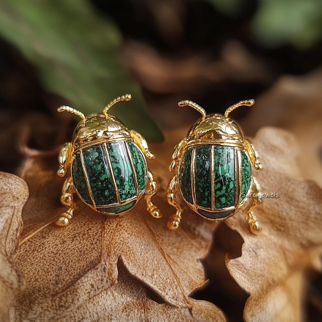 14K Gold Scarab Studs: Hand Carved Egyptian Beetle Earrings - View 5 - Suren Jewels | SKU: SJE1785-SLYGMK-12M,SJE1841-SLRGLB- 14K Gold Scarab Studs: Hand Carved Egyptian Beetle Earrings - View 5 - Suren Jewels | SKU: SJE1785-SLYGMK-12M,SJE1841-SLRGLB-