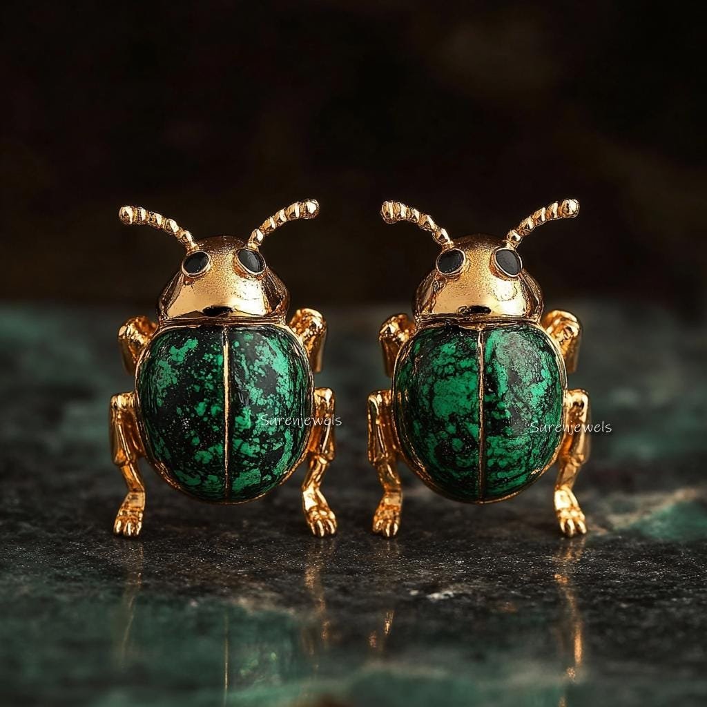 14K Gold Scarab Studs: Hand Carved Egyptian Beetle Earrings - View 6 - Suren Jewels | SKU: SJE1785-SLYGMK-12M,SJE1841-SLRGLB- 14K Gold Scarab Studs: Hand Carved Egyptian Beetle Earrings - View 6 - Suren Jewels | SKU: SJE1785-SLYGMK-12M,SJE1841-SLRGLB-